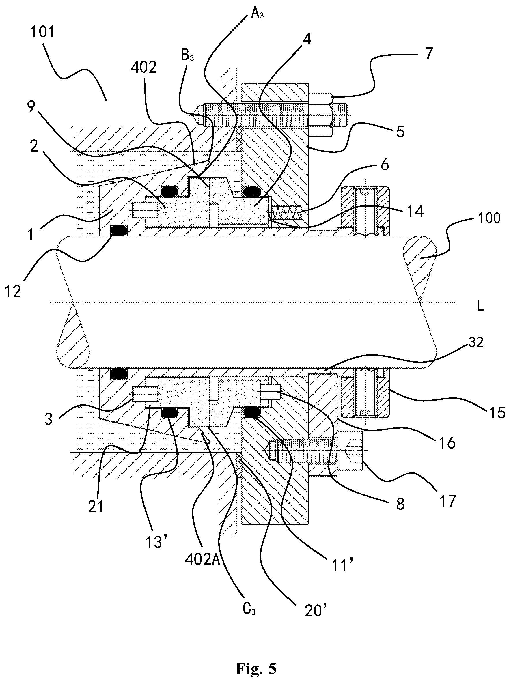 Patent US12366293 Figure 5 – Mechanical sealing device for sealing liquid