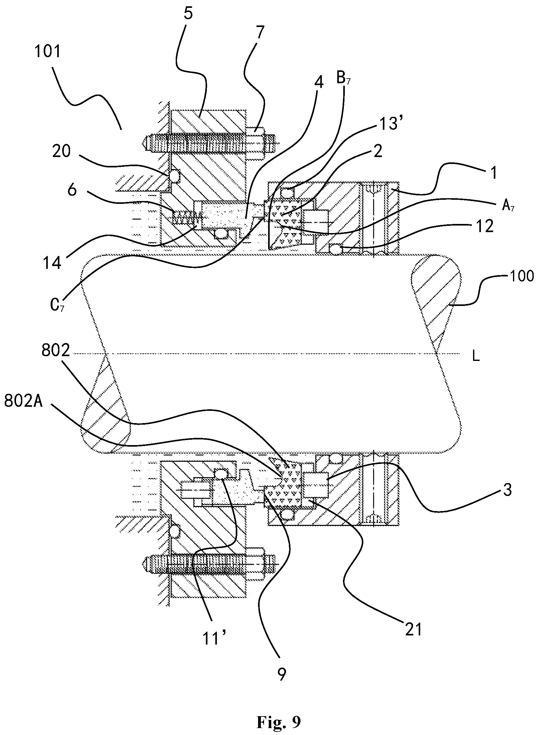 Patent US12366293 Figure 9 – Mechanical sealing device for sealing liquid