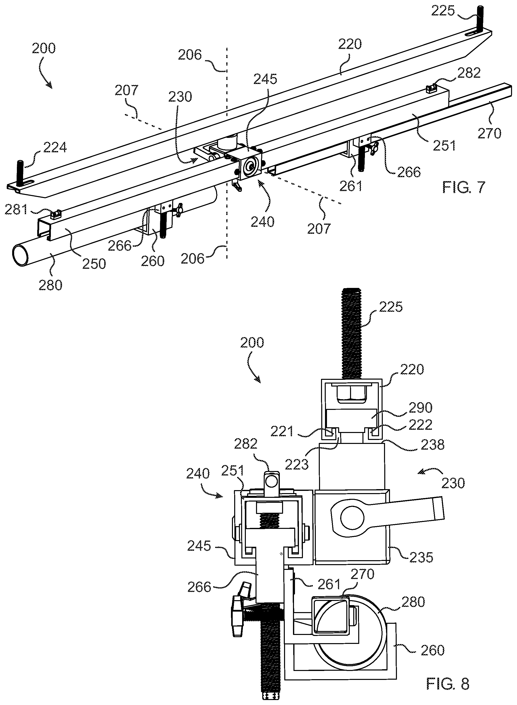 Patent US12366324 Figure 5 – Pivot structure for adjustably suspending equipment from a ceiling track