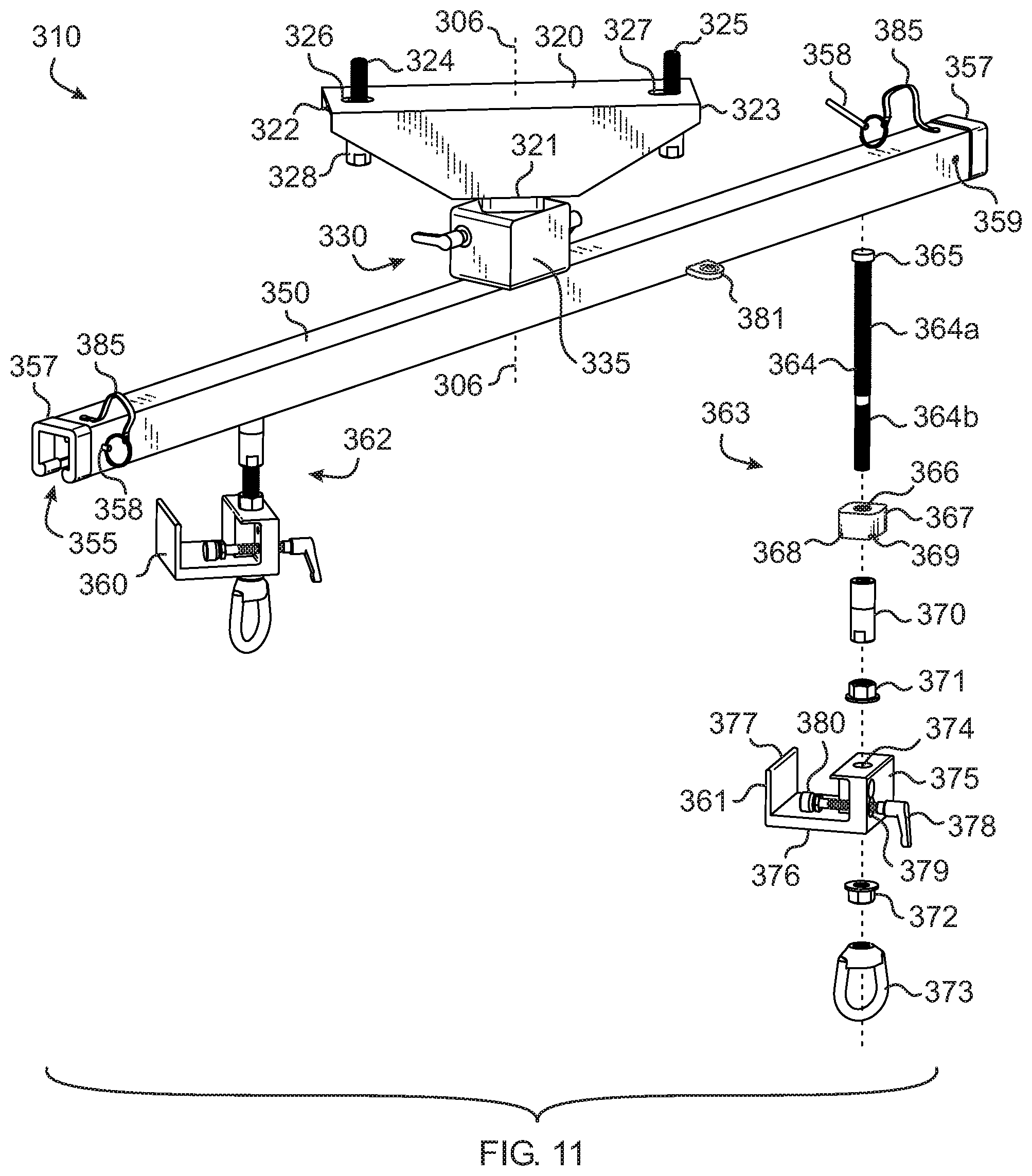 Patent US12366324 Figure 8 – Pivot structure for adjustably suspending equipment from a ceiling track