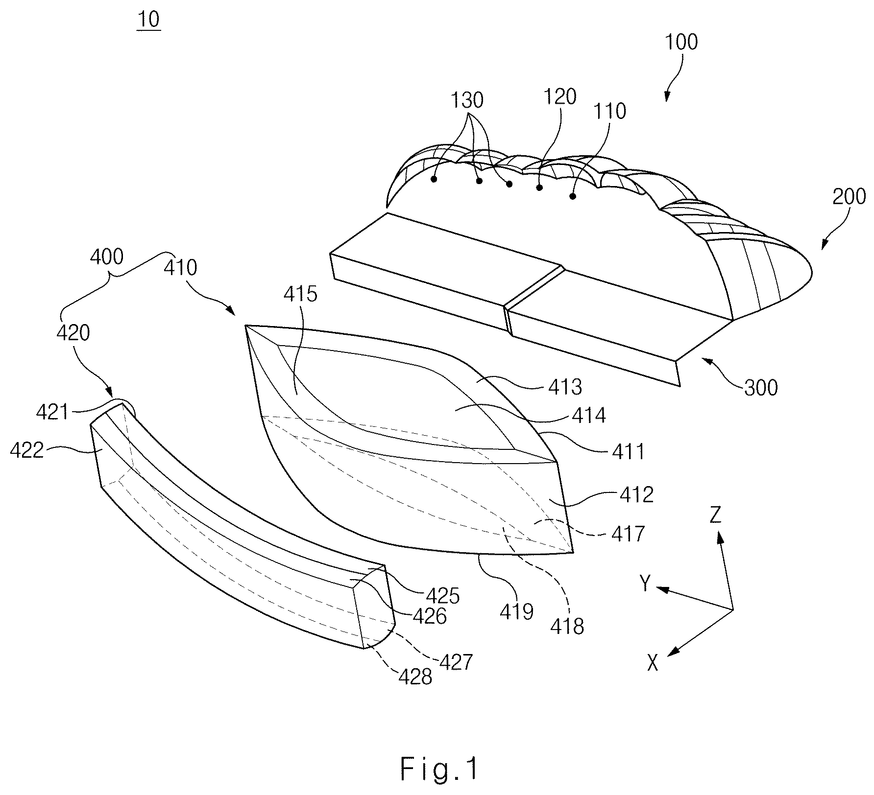 Patent US12366340 Figure 1 – Lamp for vehicle