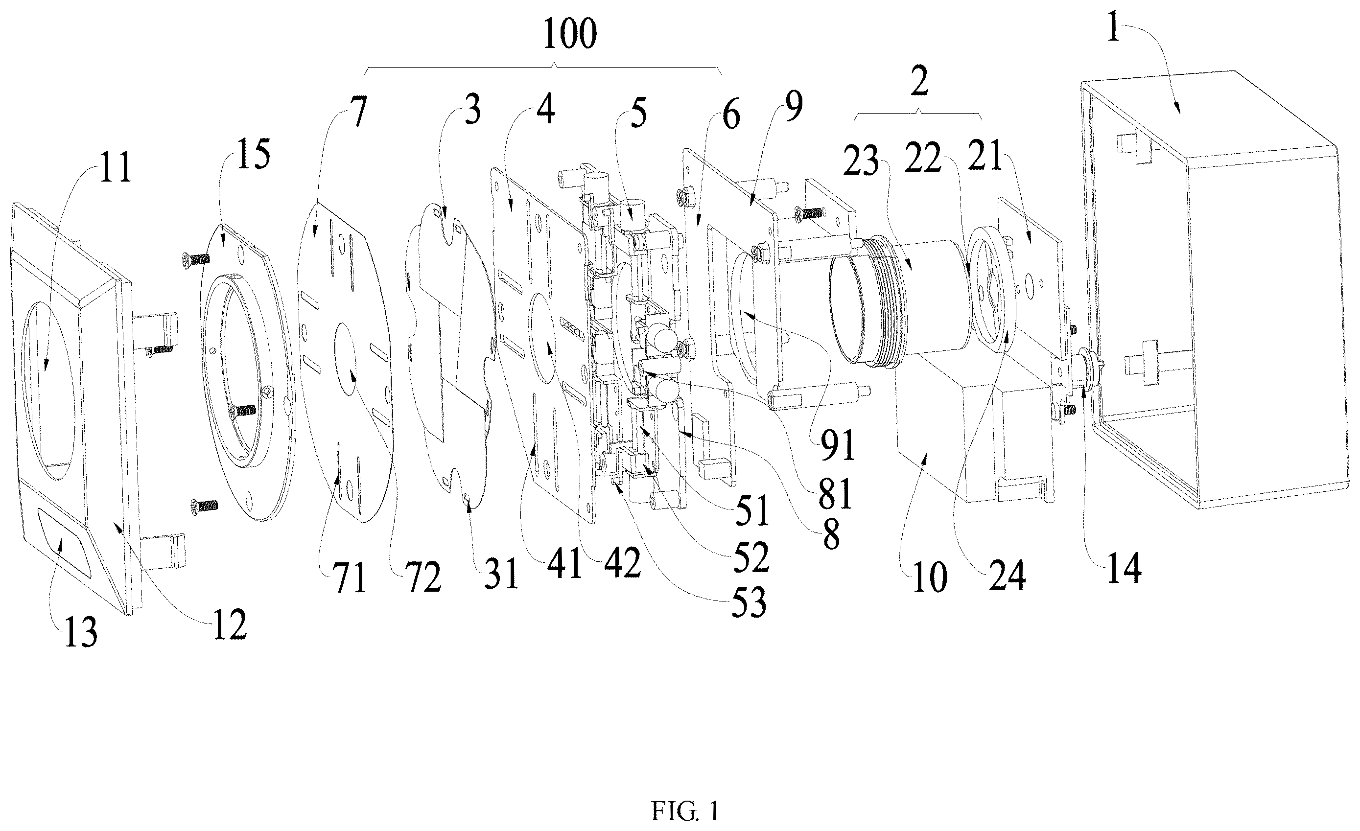Patent US12366345 Figure 1 – Light fixture with motor-driven shaping of output light