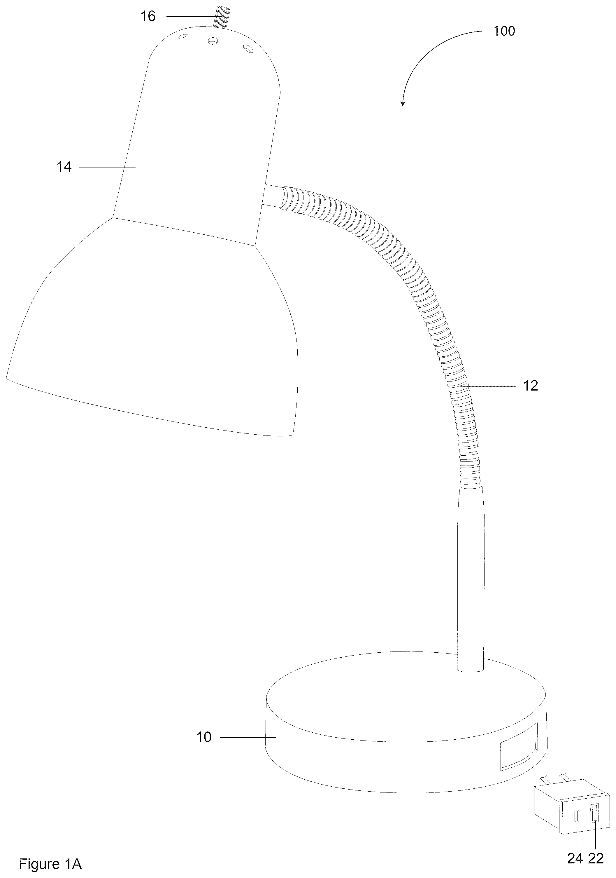 Patent US12366349 Figure 1 – Table lamp having USB charging ports and wireless charging module