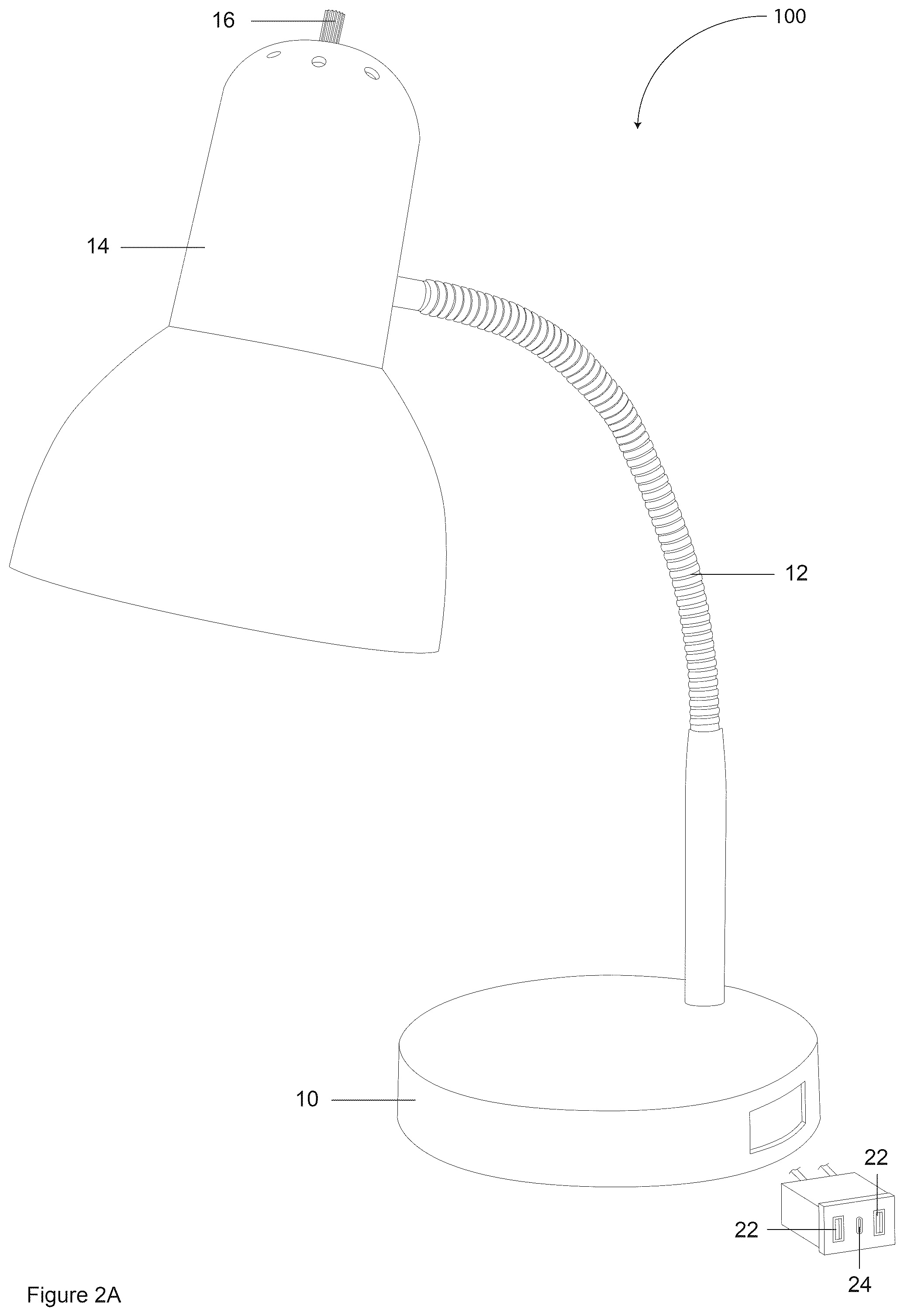 Patent US12366349 Figure 4 – Table lamp having USB charging ports and wireless charging module