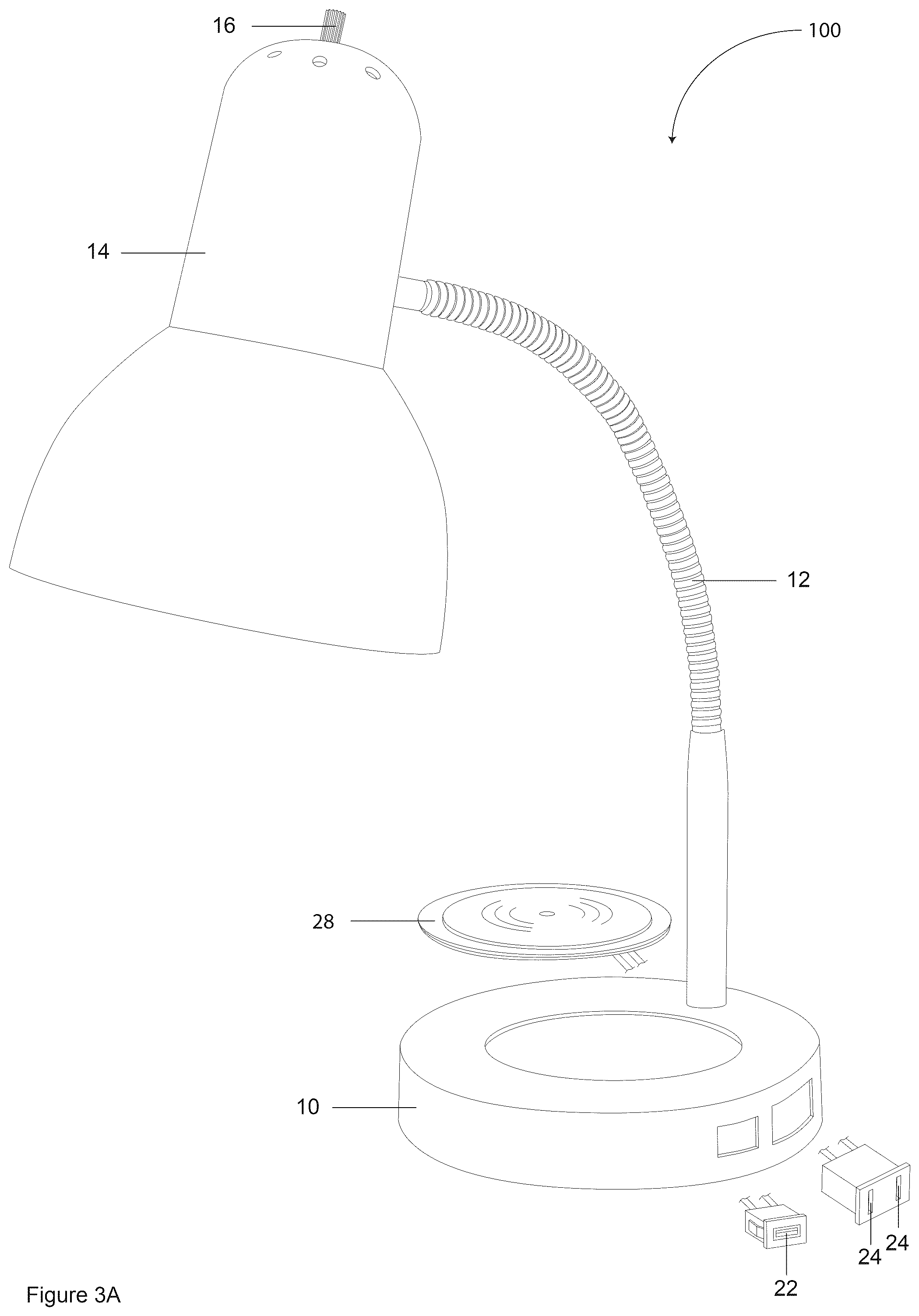 Patent US12366349 Figure 7 – Table lamp having USB charging ports and wireless charging module