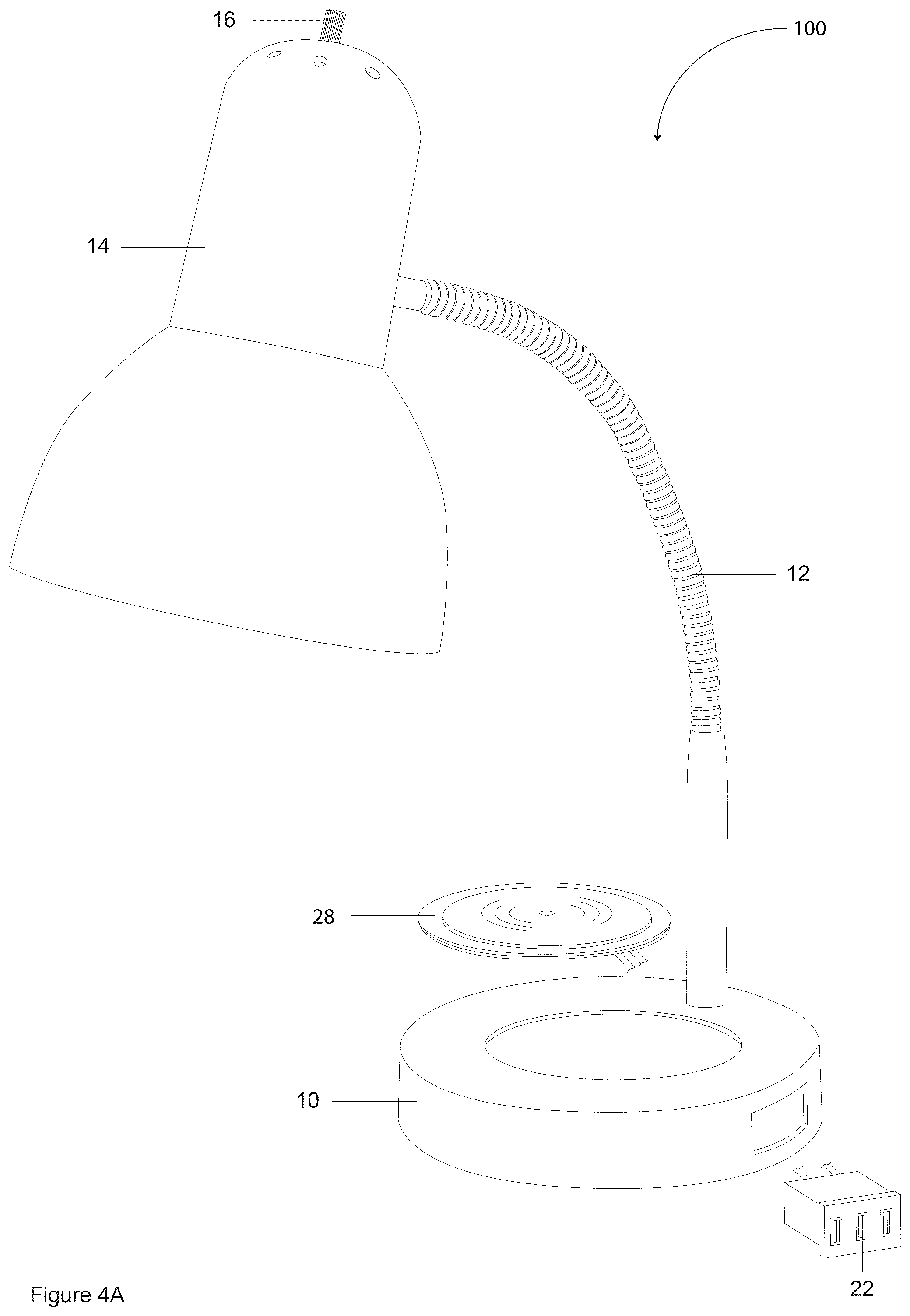 Patent US12366349 Figure 10 – Table lamp having USB charging ports and wireless charging module