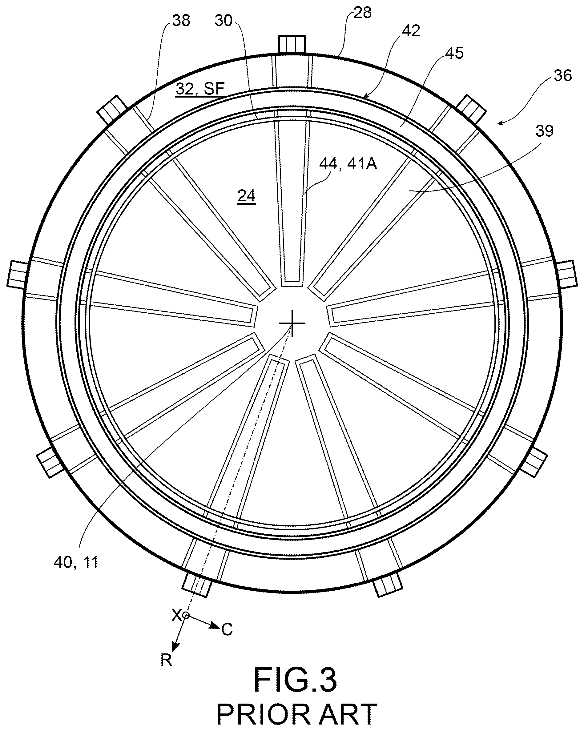 Patent US12366358 Figure 2 – Flame-holder device for a turbojet afterburner, comprising three-branched arms