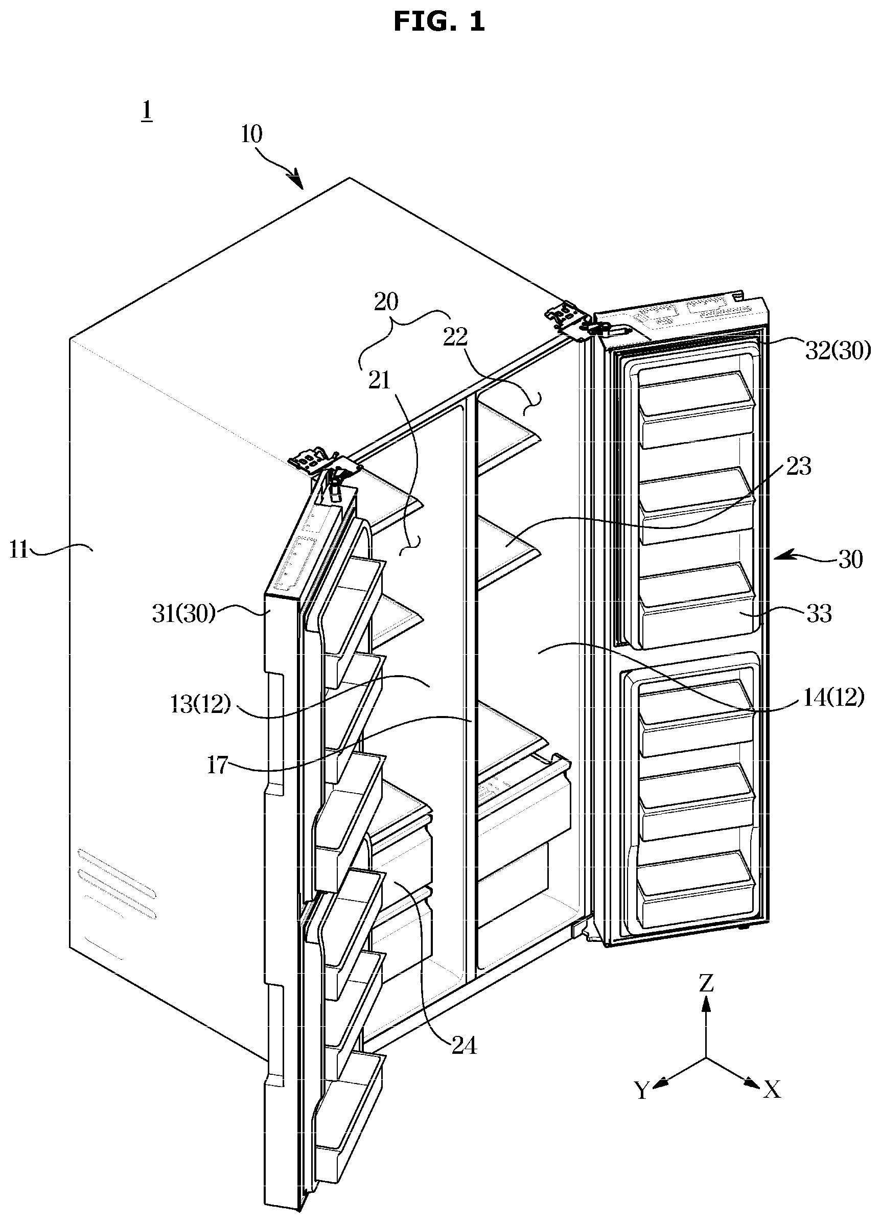 Patent US12366396 Figure 1 – Refrigerator