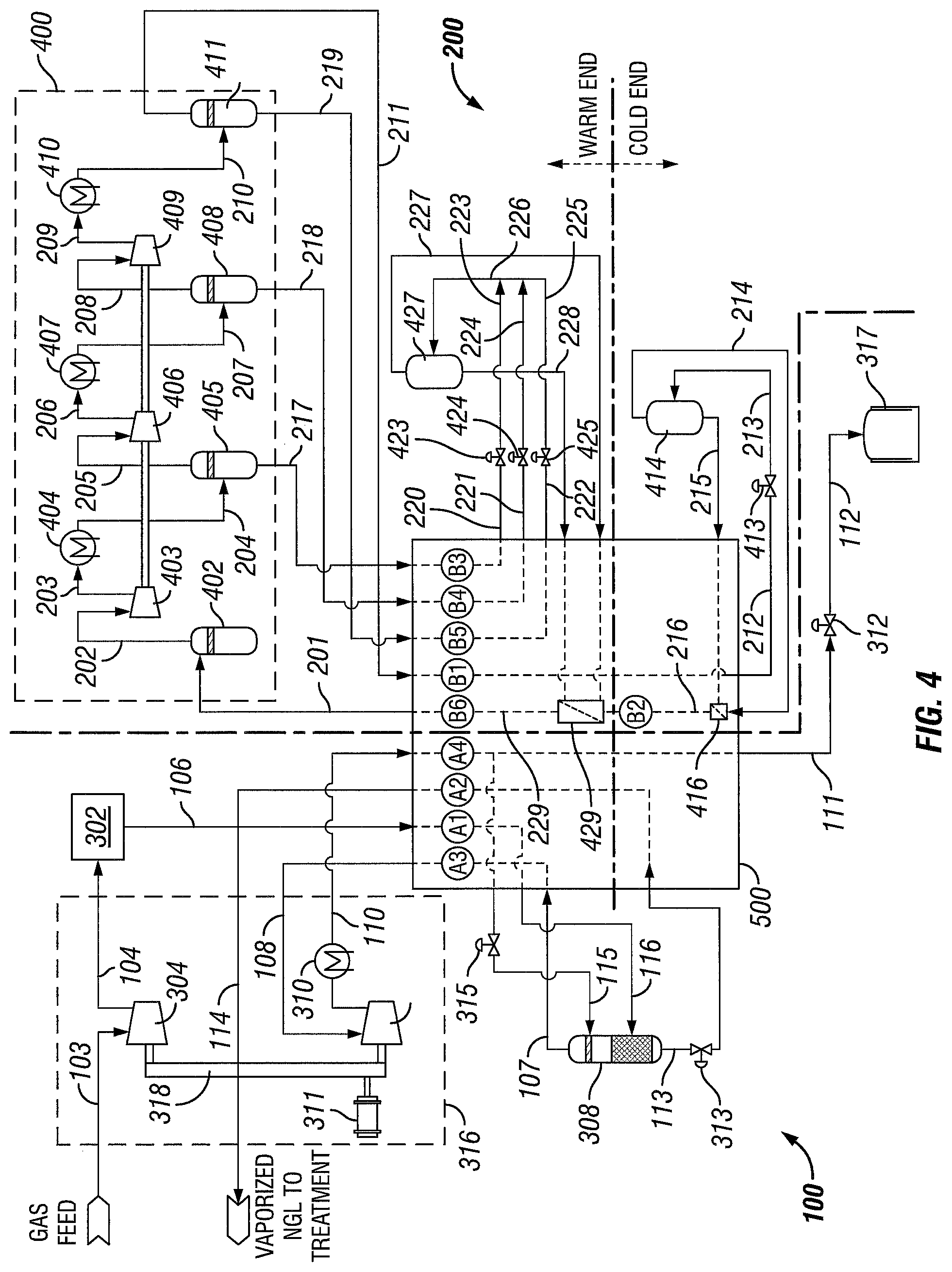 Patent US12366407 Figure 4 – Advanced method of heavy hydrocarbon removal and natural gas liquefaction using closed-loop refrigeration system