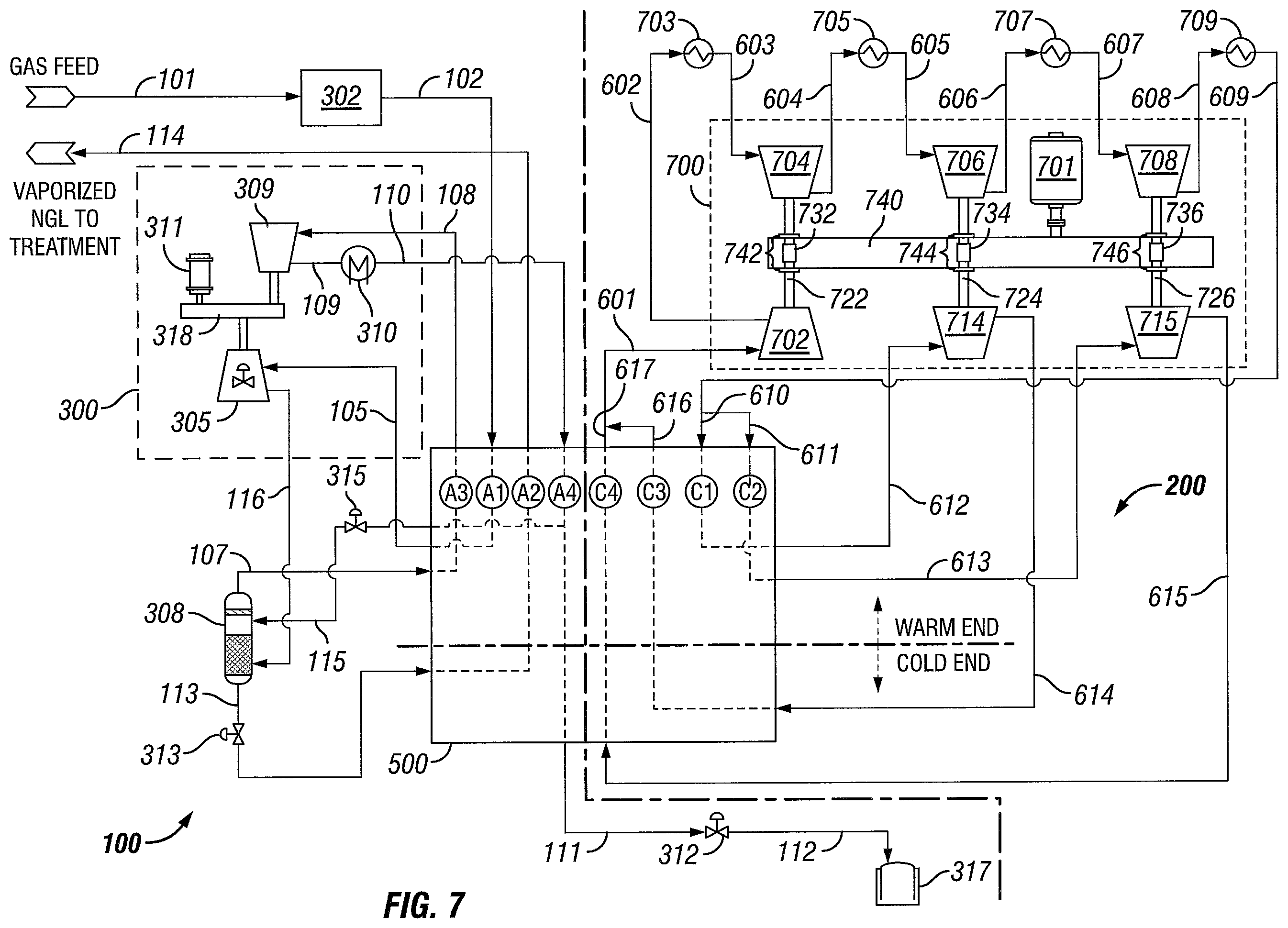 Patent US12366407 Figure 7 – Advanced method of heavy hydrocarbon removal and natural gas liquefaction using closed-loop refrigeration system