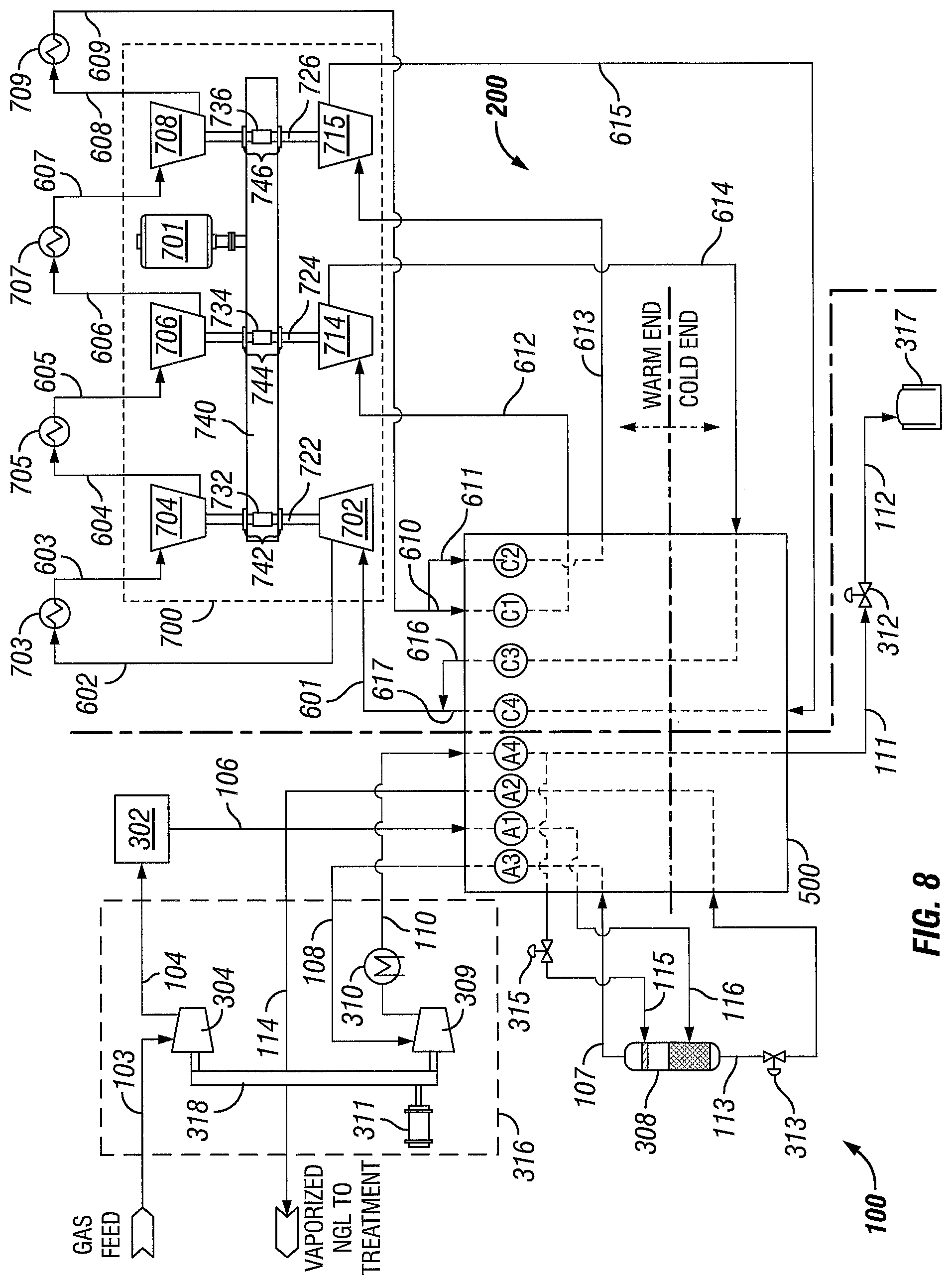 Patent US12366407 Figure 8 – Advanced method of heavy hydrocarbon removal and natural gas liquefaction using closed-loop refrigeration system
