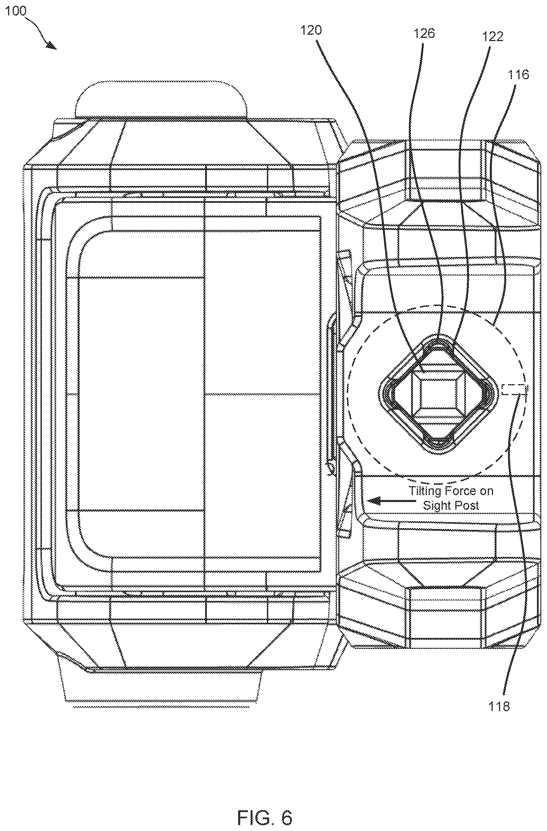 Patent US12366429 Figure 6 – Back-up sights with compact aperture, centering sight post, and miniaturized windage detent mechanism