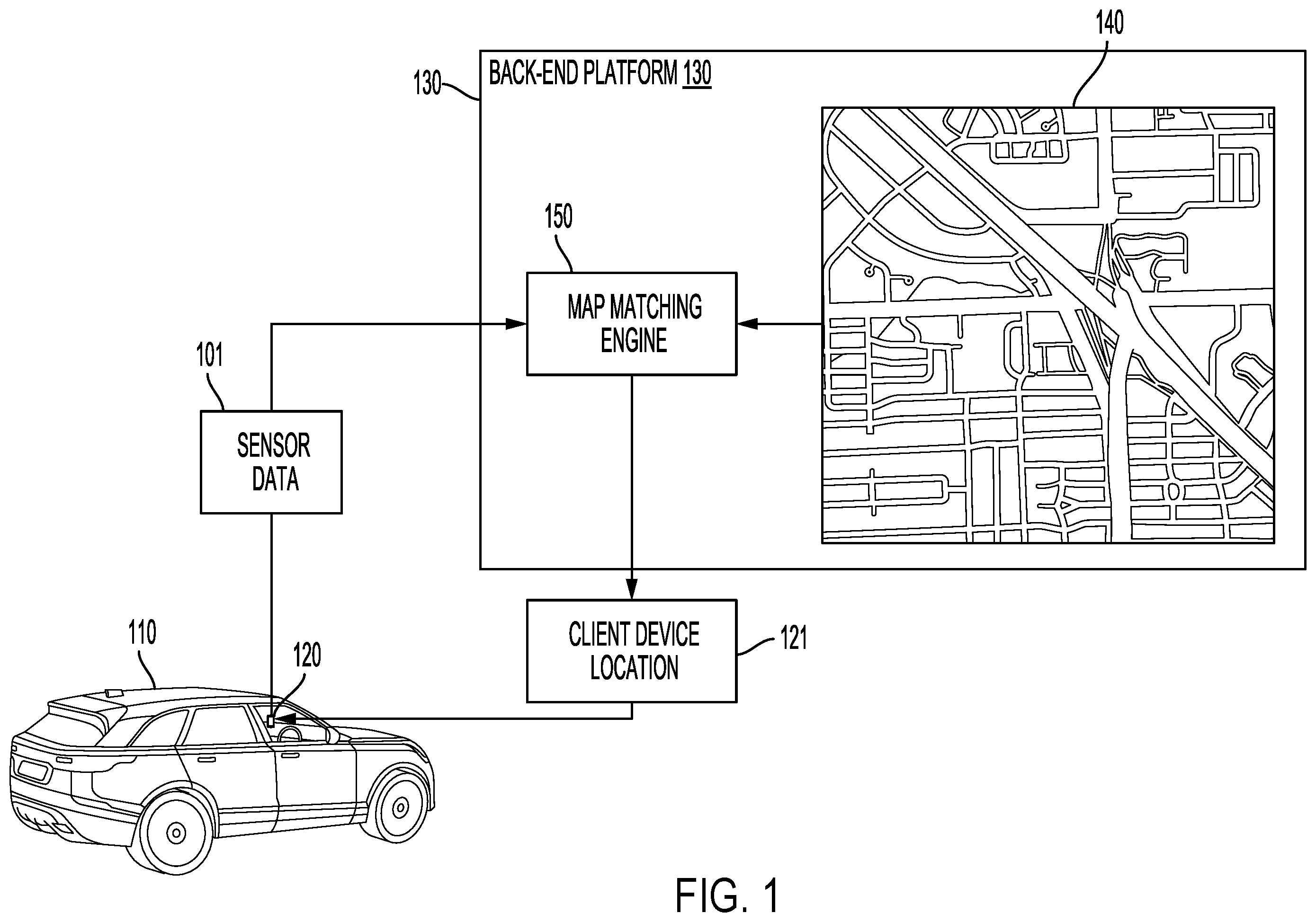 Patent US12366453 — Systems and methods for determining map matched locations on a client device — Figure 1
