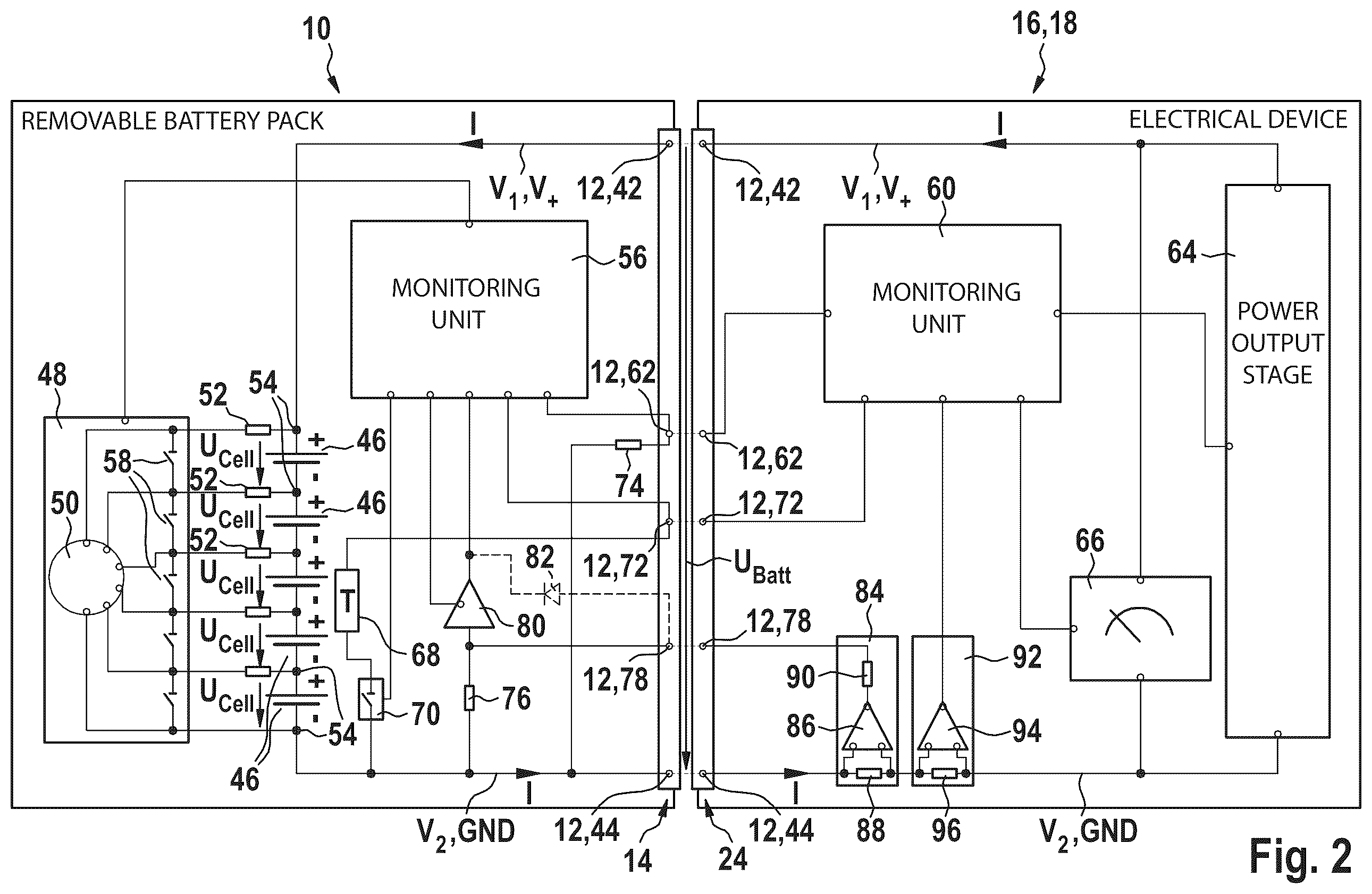 Patent US12366608 Figure 2 – Method for detecting electrical fault states of a removable battery pack and/or an electrical device that can be connected to the removable battery pack, and system for carrying out the method