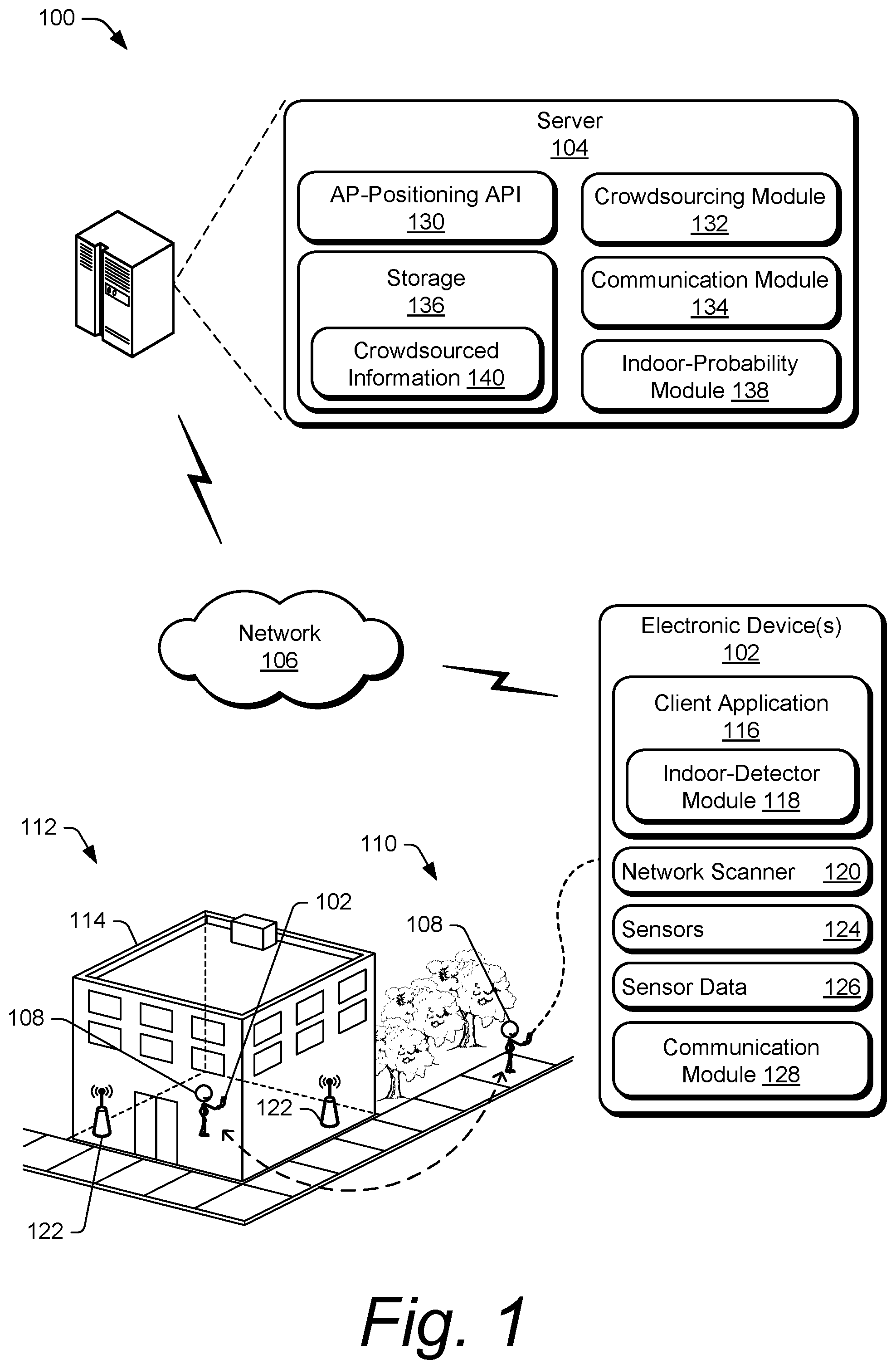 Patent US12366626 Figure 1 – Client-server approach for indoor-outdoor detection of an electronic device, and associated systems and methods