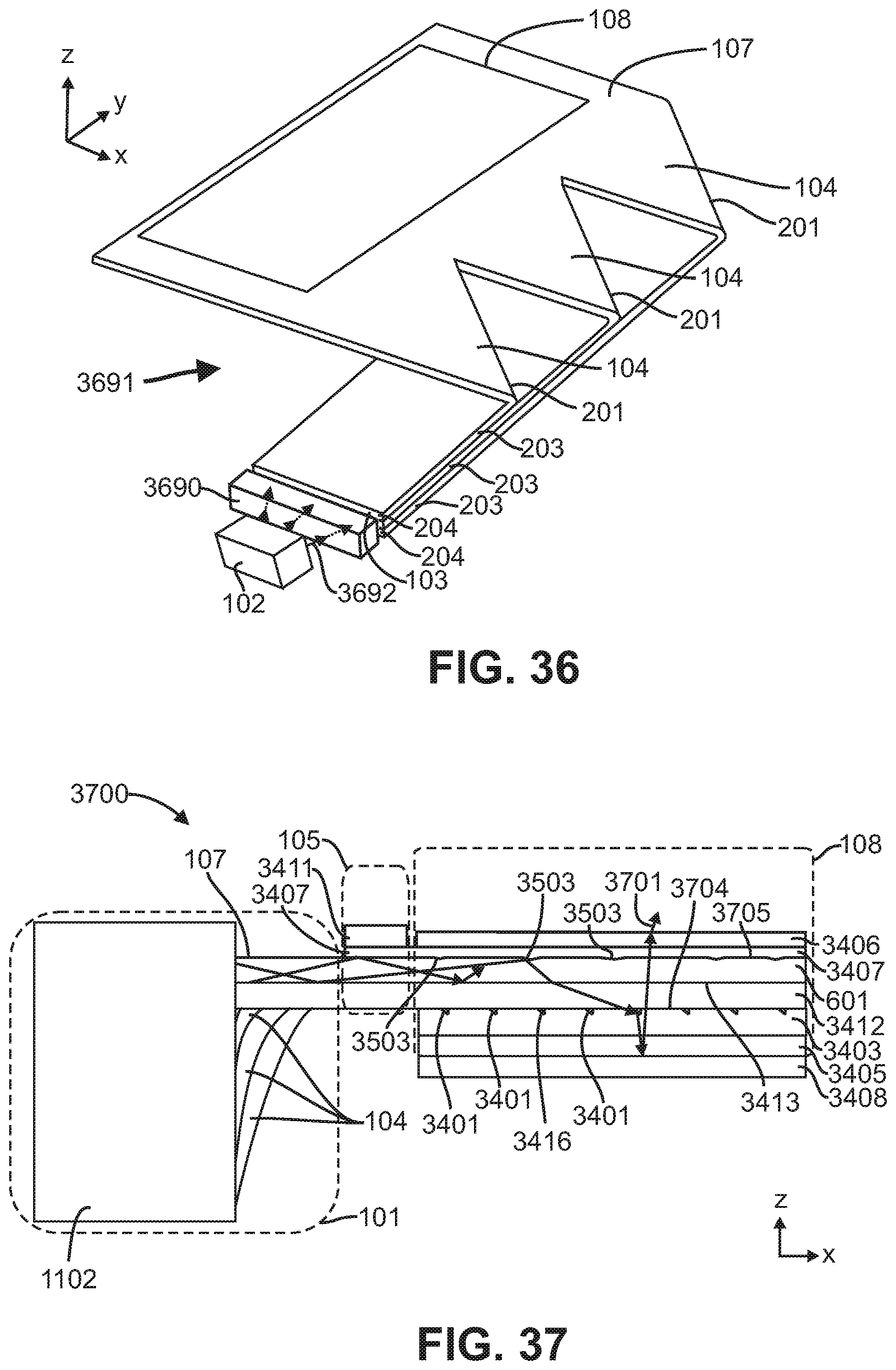 Patent US12366698 Figure 15 – Light emitting device including a light absorbing cladding region on edges of a core layer of a film-based lightguide