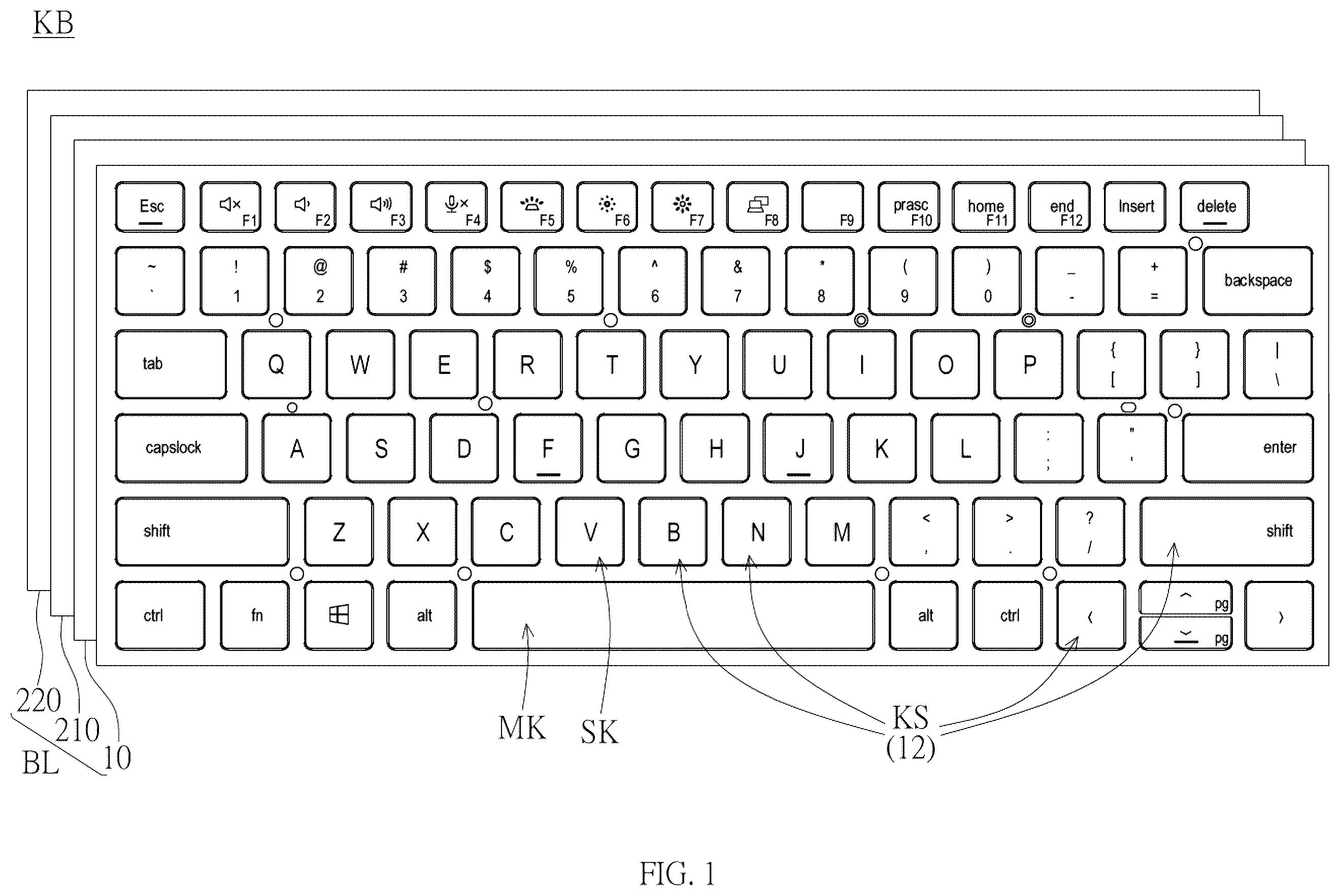Patent US12366700 — Keyboard with lighting board for backlighting keycap — Figure 1