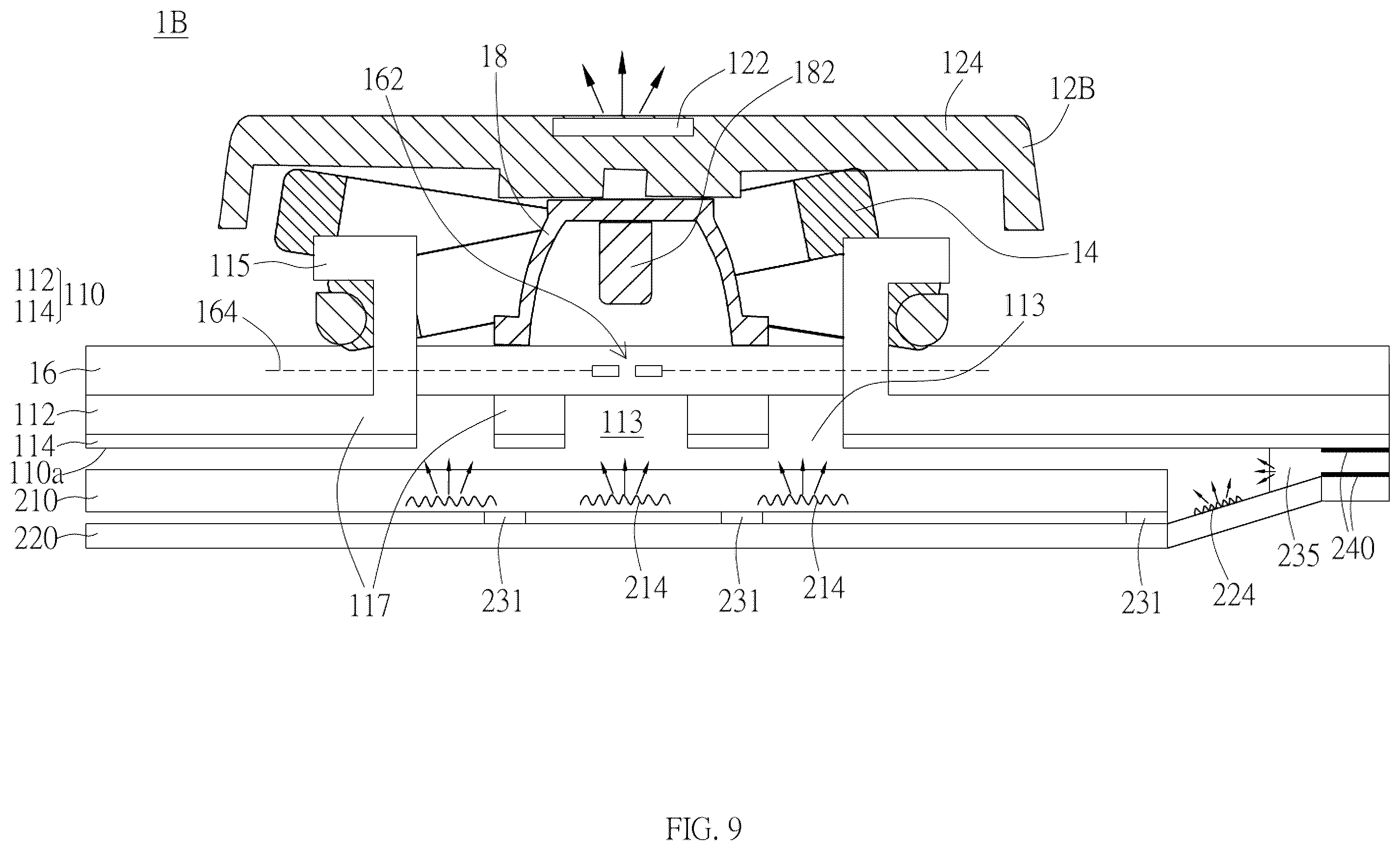 Patent US12366700 Figure 9 – Keyboard with lighting board for backlighting keycap