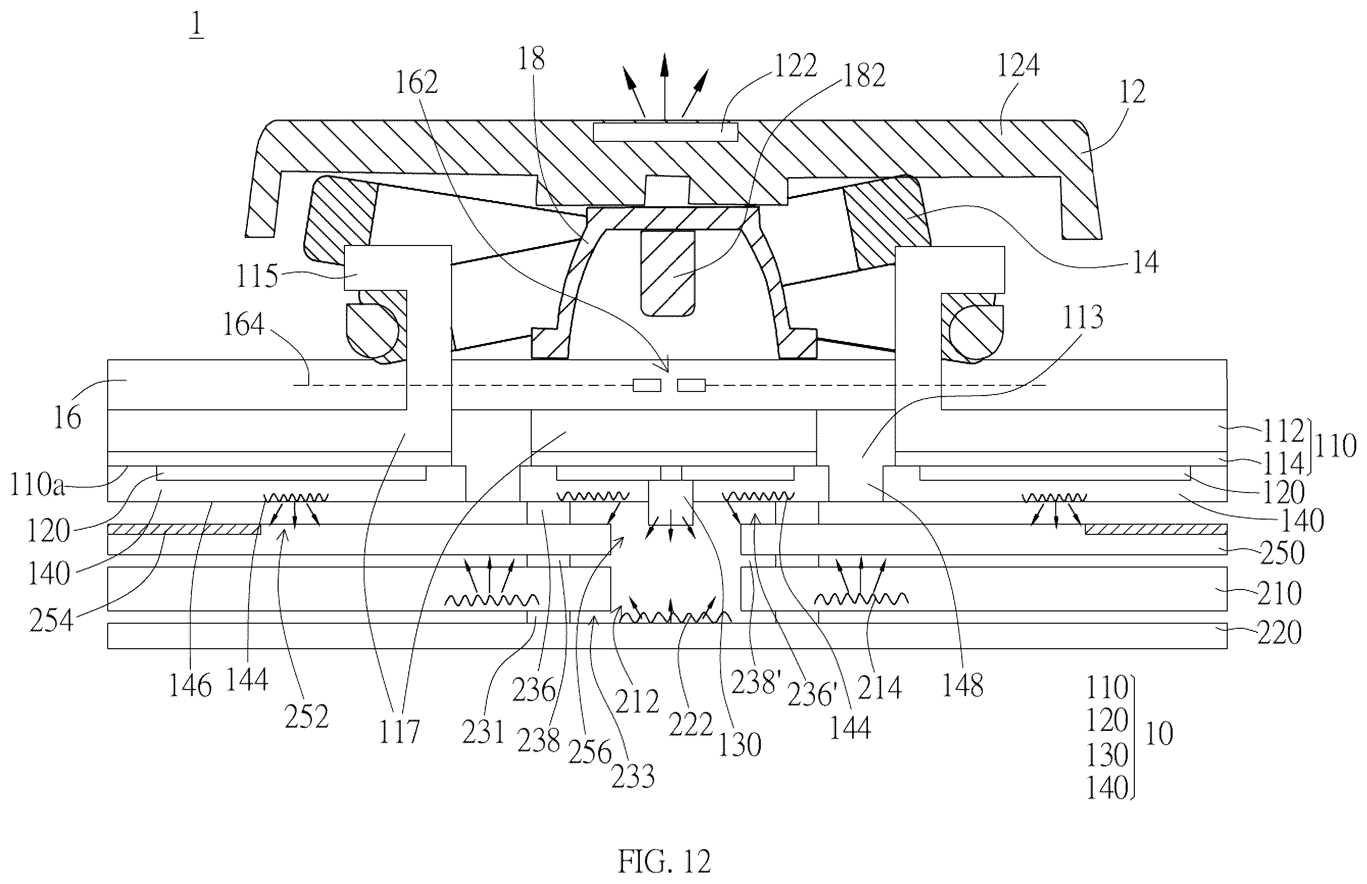 Patent US12366700 Figure 12 – Keyboard with lighting board for backlighting keycap