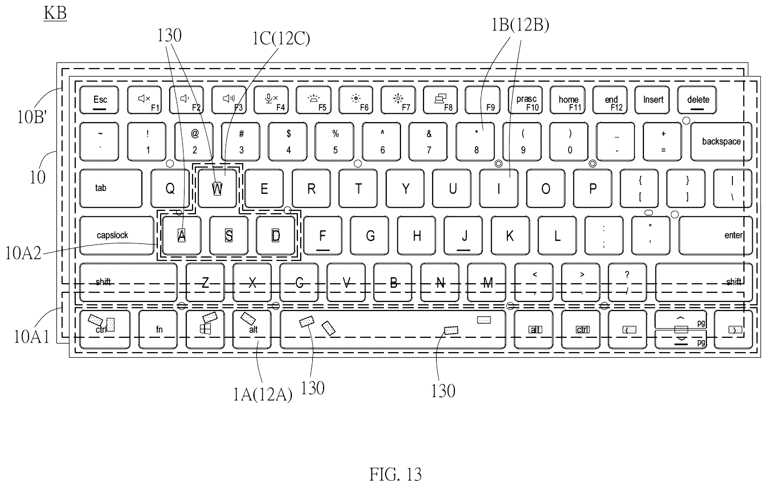 Patent US12366700 Figure 13 – Keyboard with lighting board for backlighting keycap
