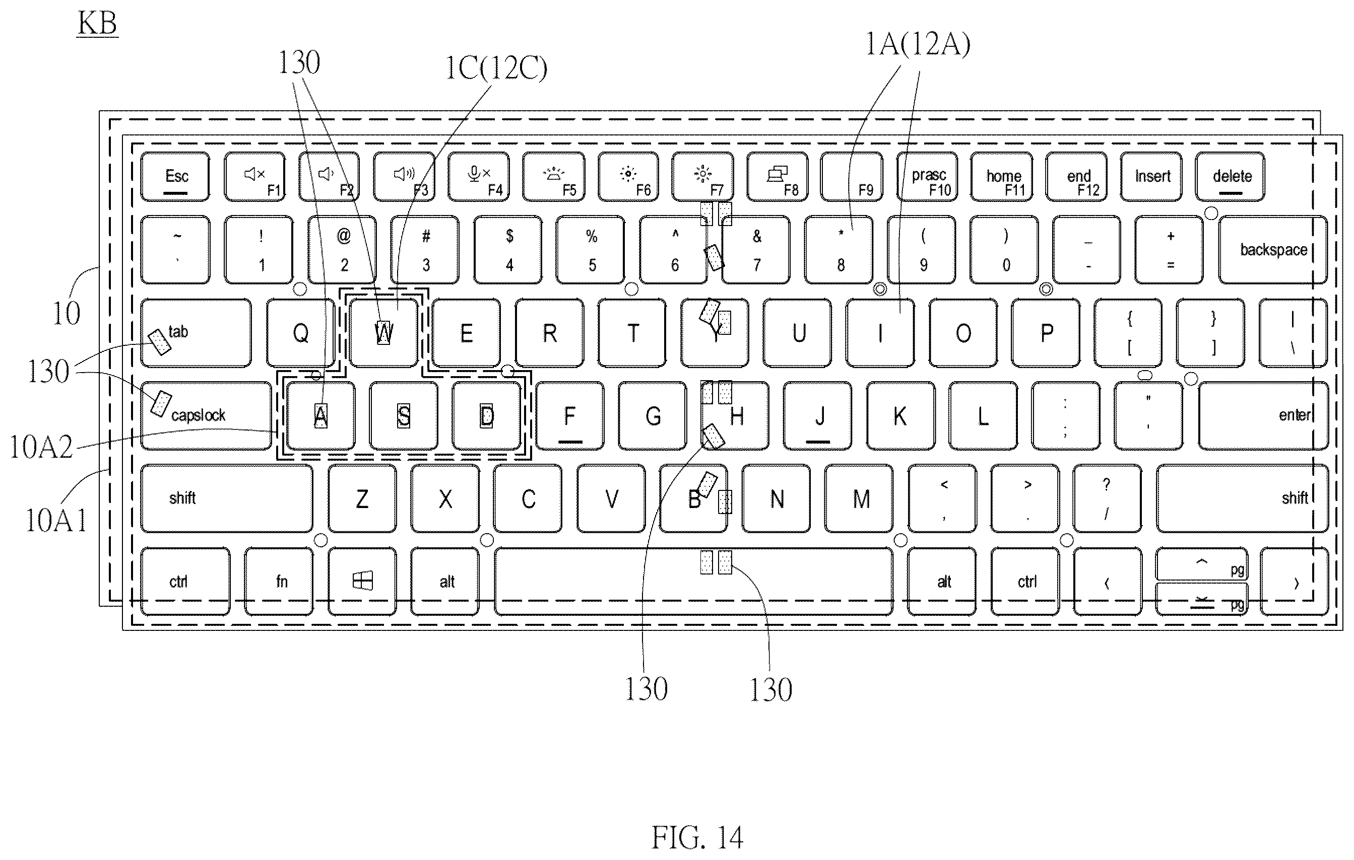 Patent US12366700 Figure 14 – Keyboard with lighting board for backlighting keycap