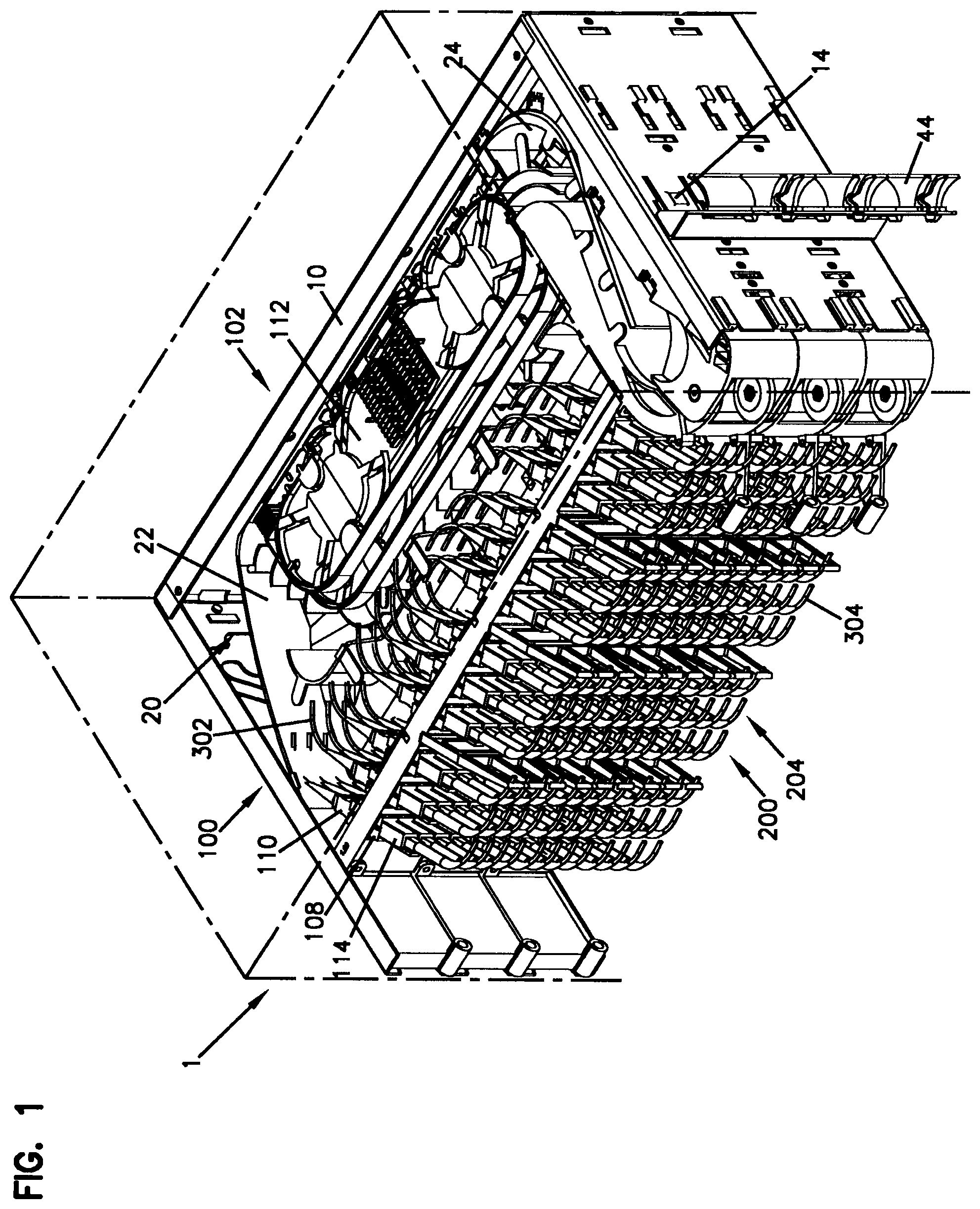 Patent US12366717 Figure 1 – Telecommunications tray assembly