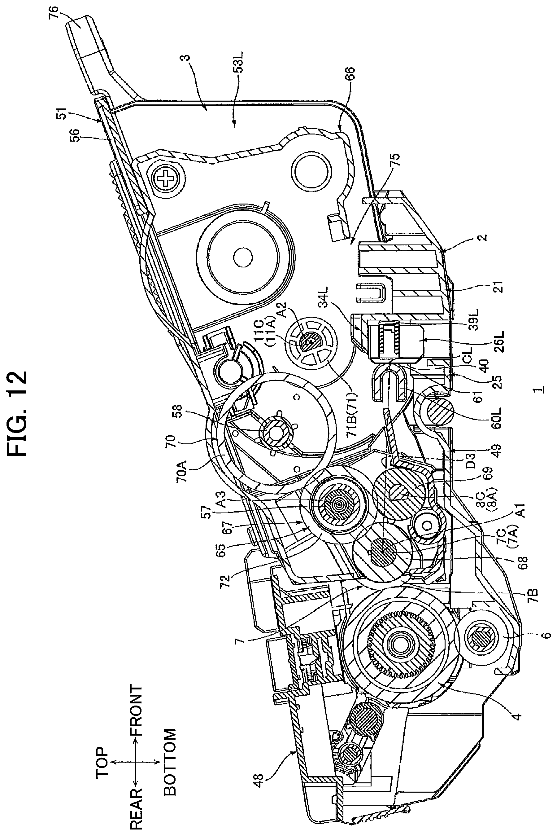 Patent US12366817 Figure 12 – Developing cartridge including protrusion positioned at outer surface of casing