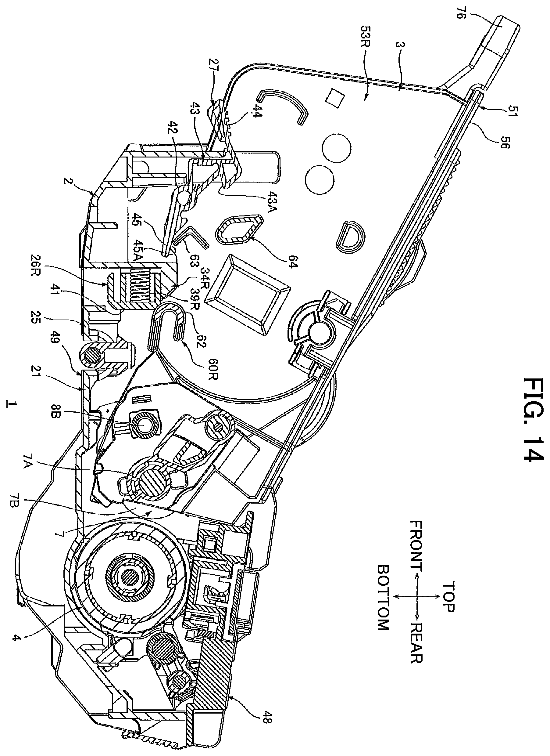 Patent US12366817 Figure 14 – Developing cartridge including protrusion positioned at outer surface of casing