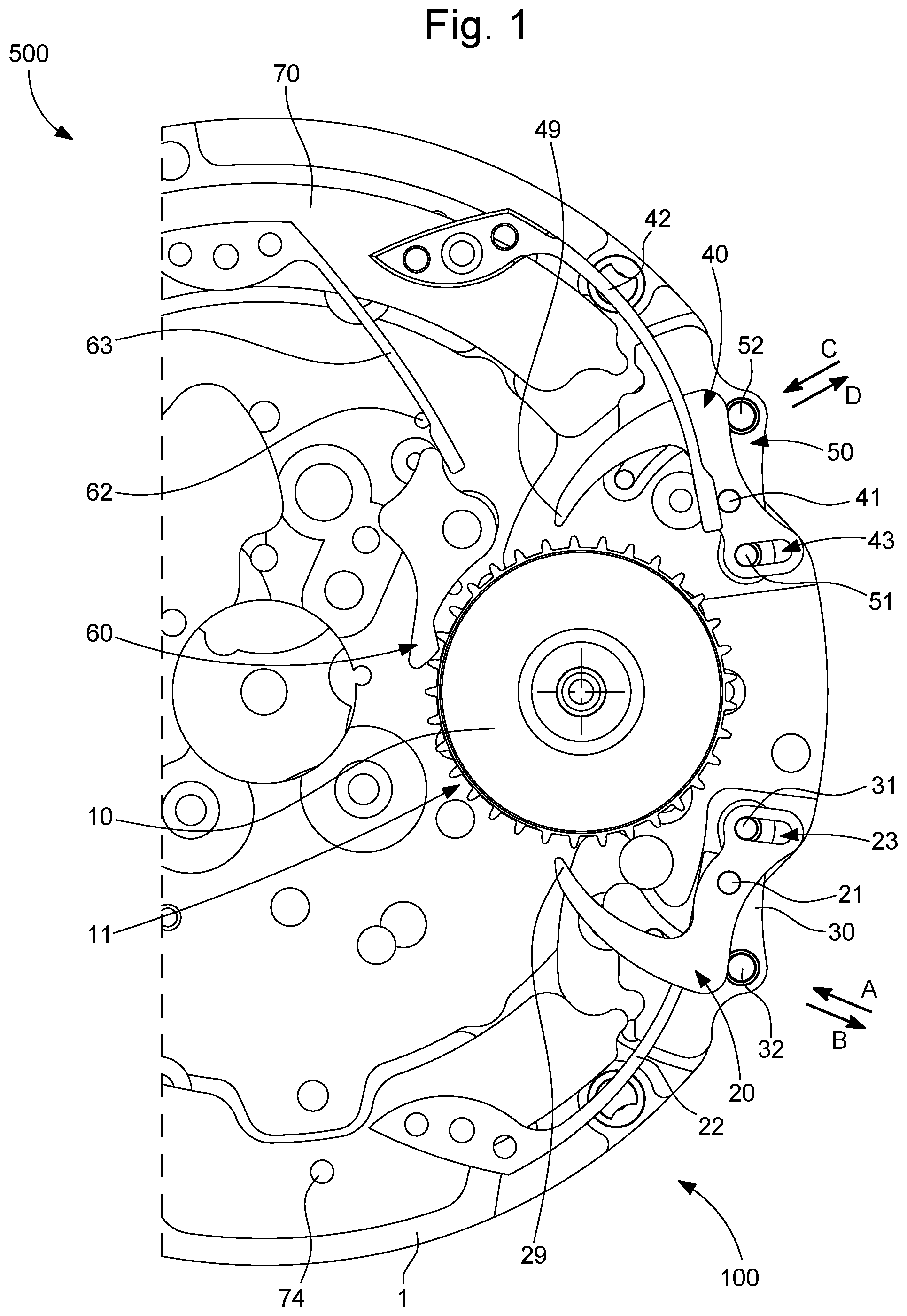 Patent US12366827 Figure 1 – Time zone correction mechanism for a timepiece