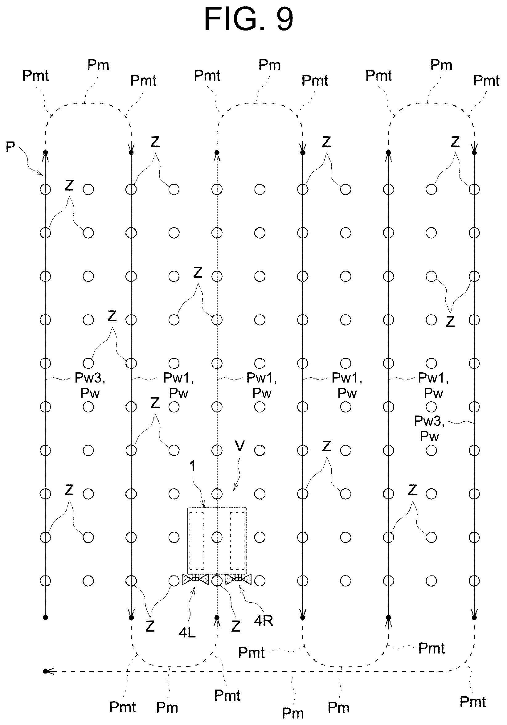 Patent US12366862 Figure 9 – Automated travel system for spraying work