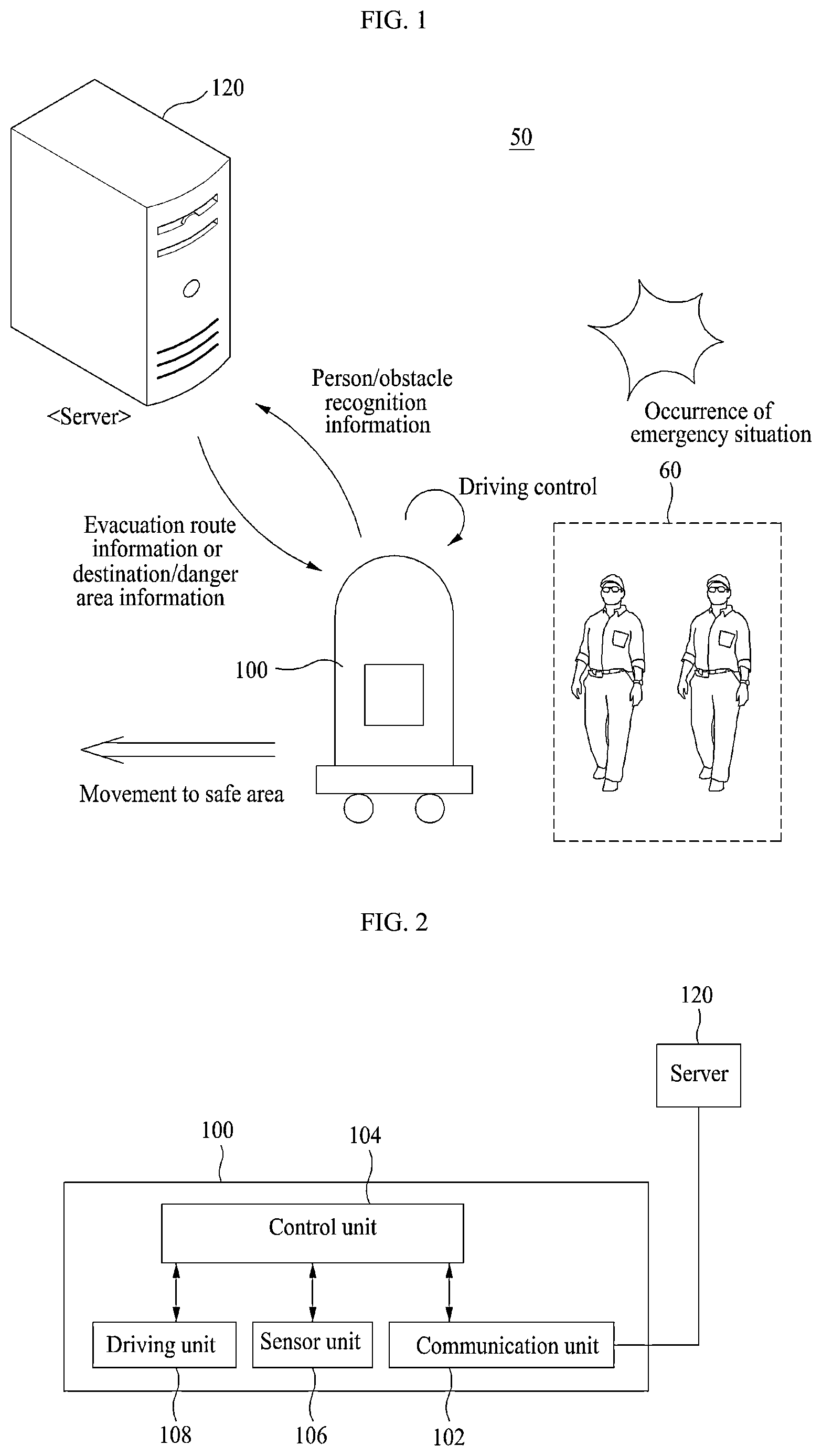 Patent US12366866 — Robot for guiding an evacuation route for persons in the space in the event of emergency and method for controlling the same corresponding object with regard to the space — Figure 1