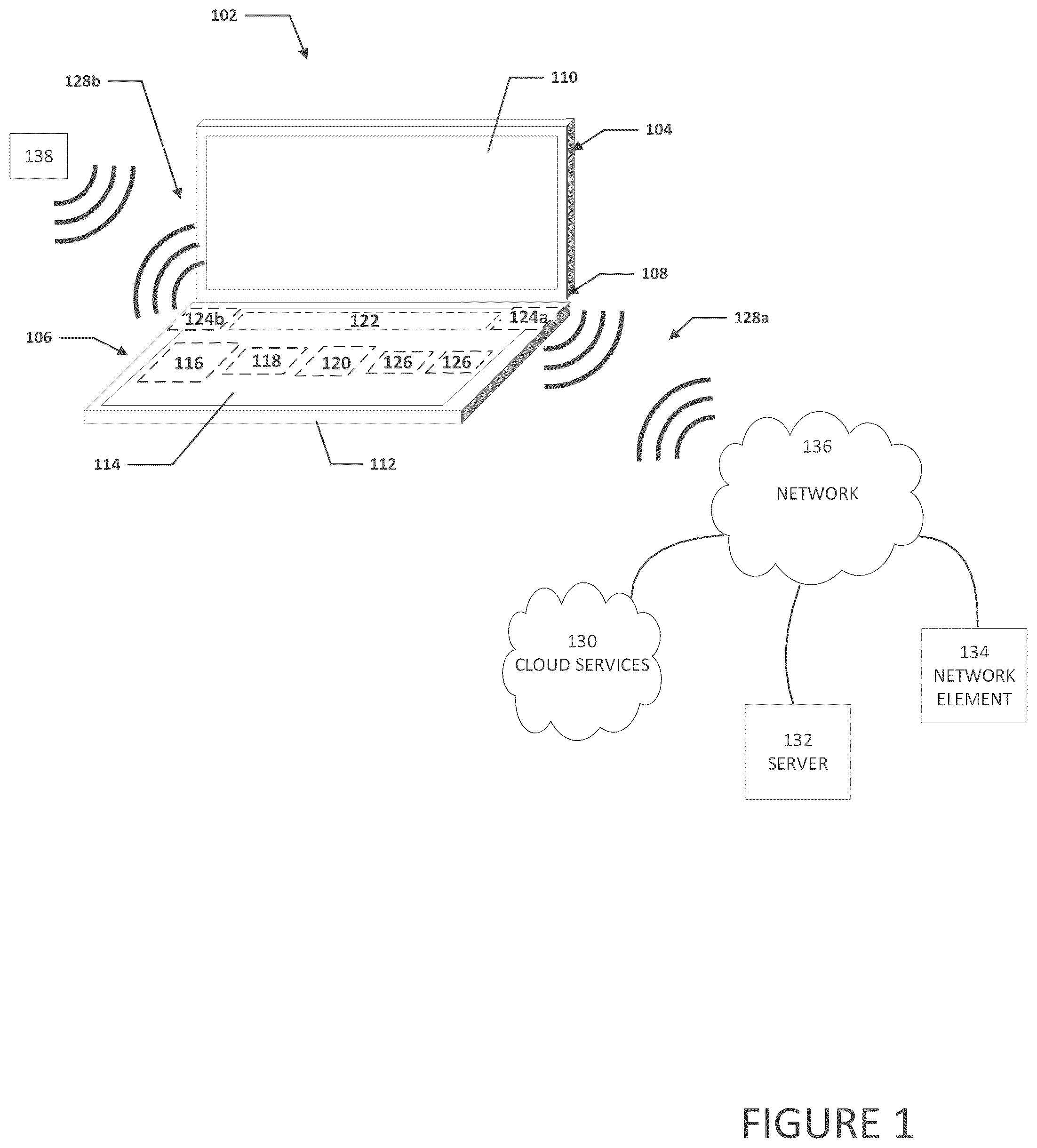 Patent US12366899 Figure 1 – Transmission line embedded in a portion of a chassis of an electronic device