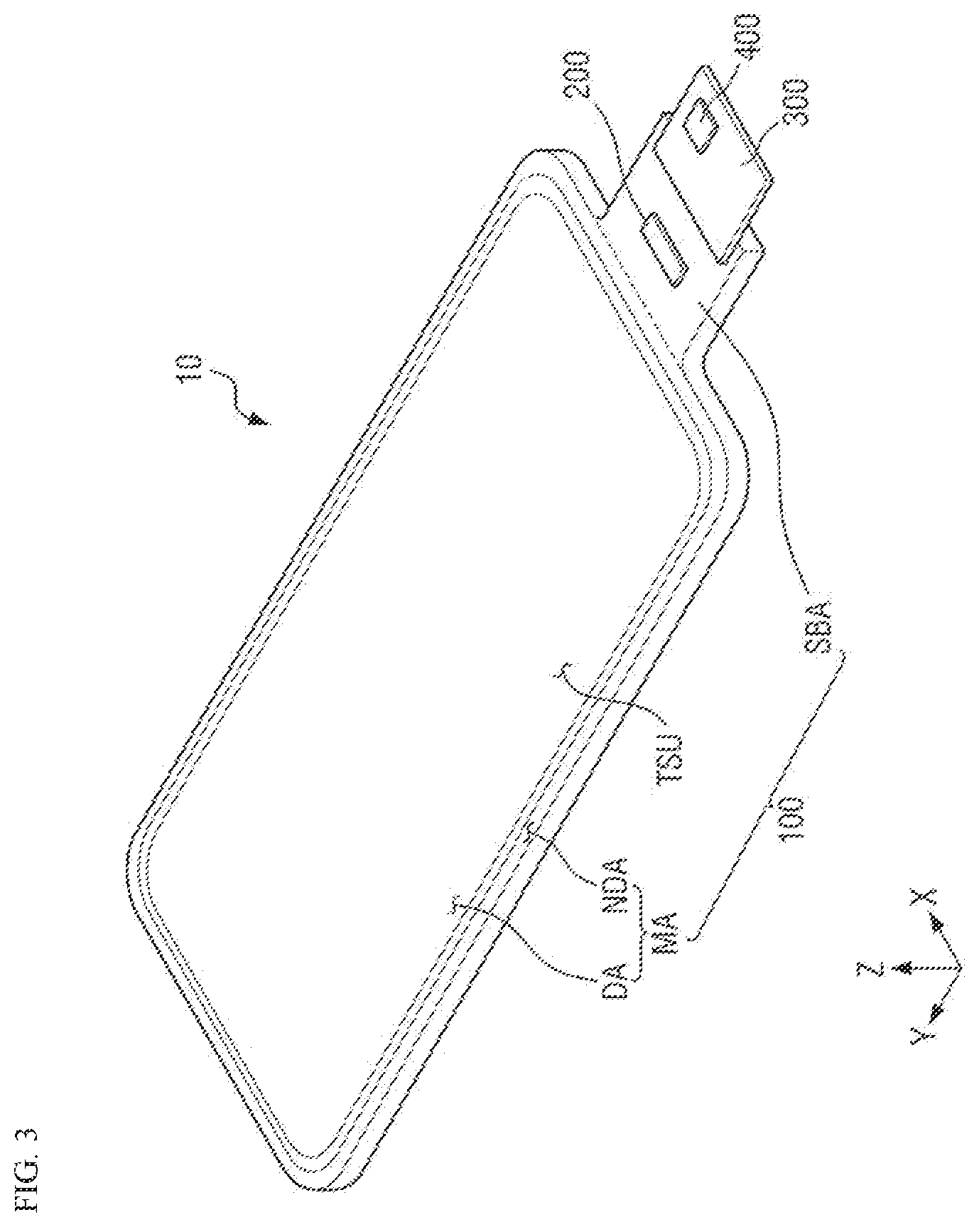 Patent US12366933 Figure 3 – Display device, electronic device and a position input system with touch sensing unit, code patterns and reflective surface