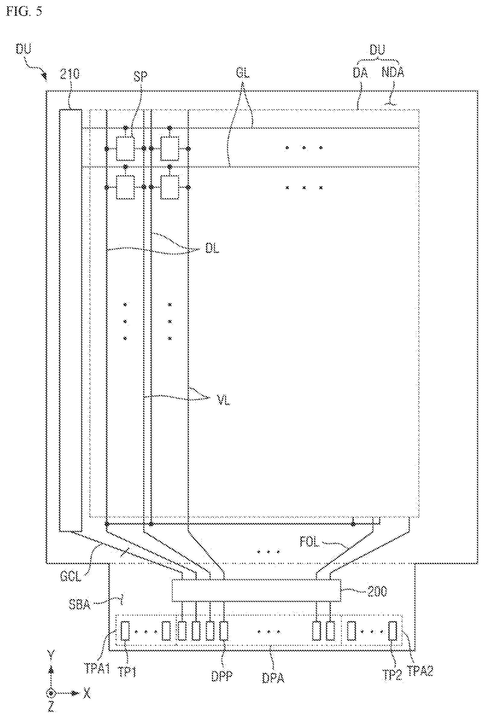 Patent US12366933 Figure 5 – Display device, electronic device and a position input system with touch sensing unit, code patterns and reflective surface
