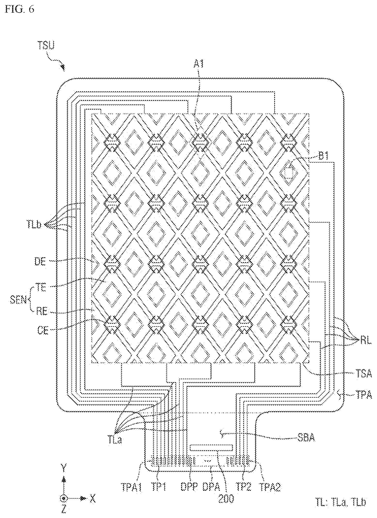 Patent US12366933 Figure 6 – Display device, electronic device and a position input system with touch sensing unit, code patterns and reflective surface