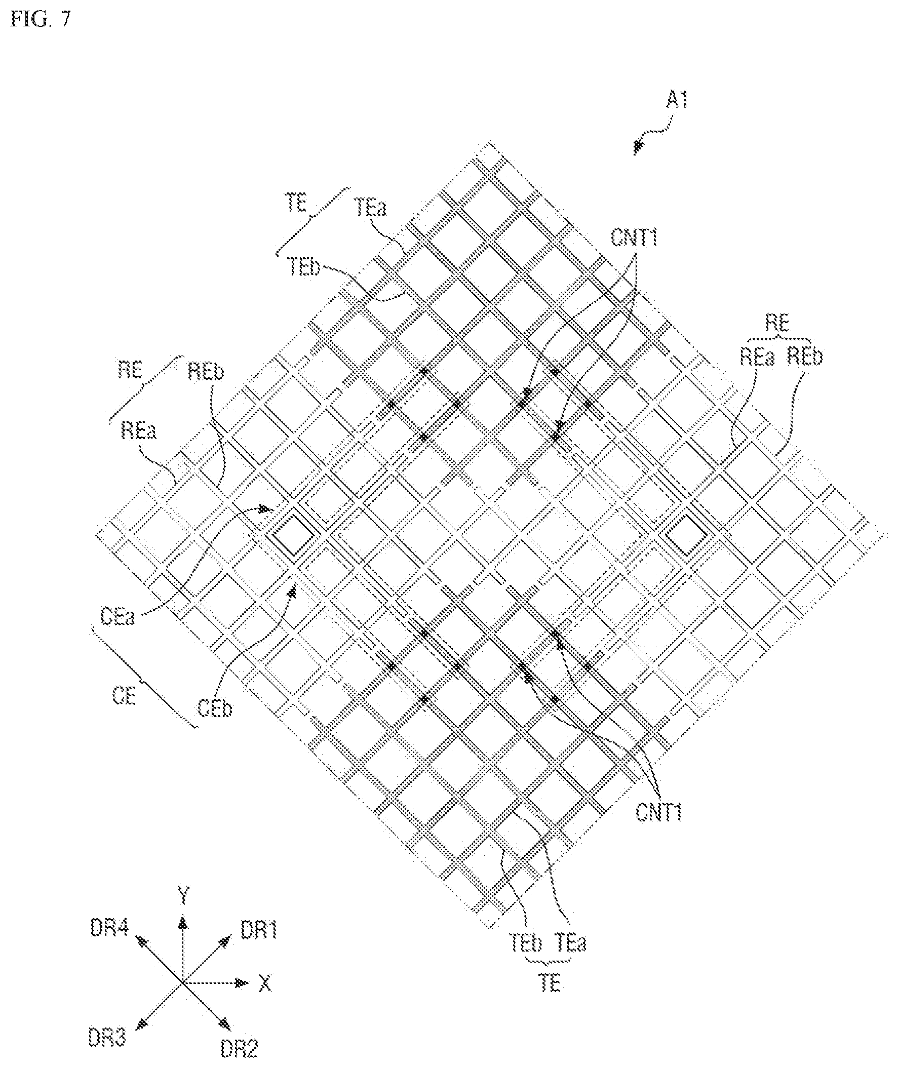 Patent US12366933 Figure 7 – Display device, electronic device and a position input system with touch sensing unit, code patterns and reflective surface