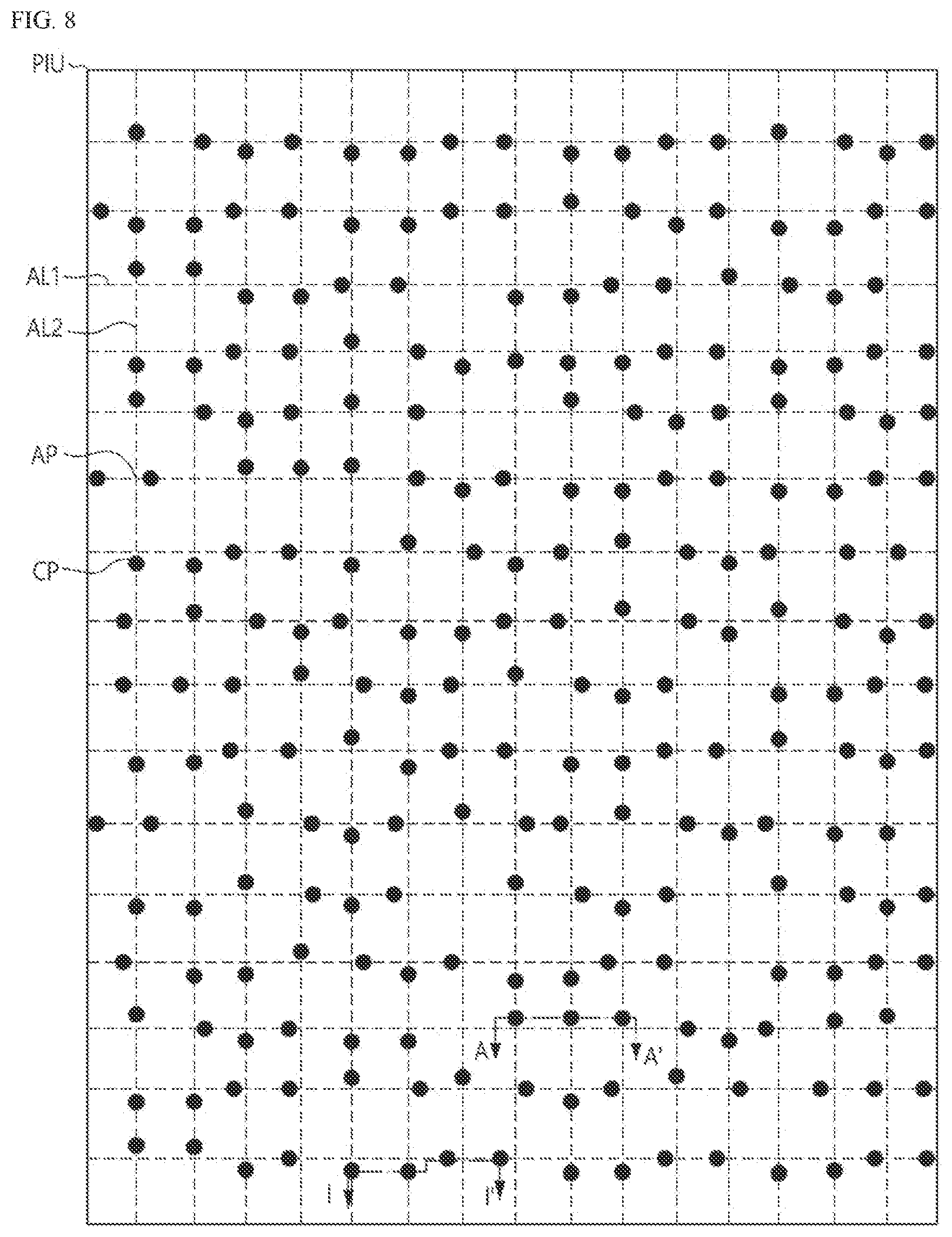 Patent US12366933 Figure 8 – Display device, electronic device and a position input system with touch sensing unit, code patterns and reflective surface