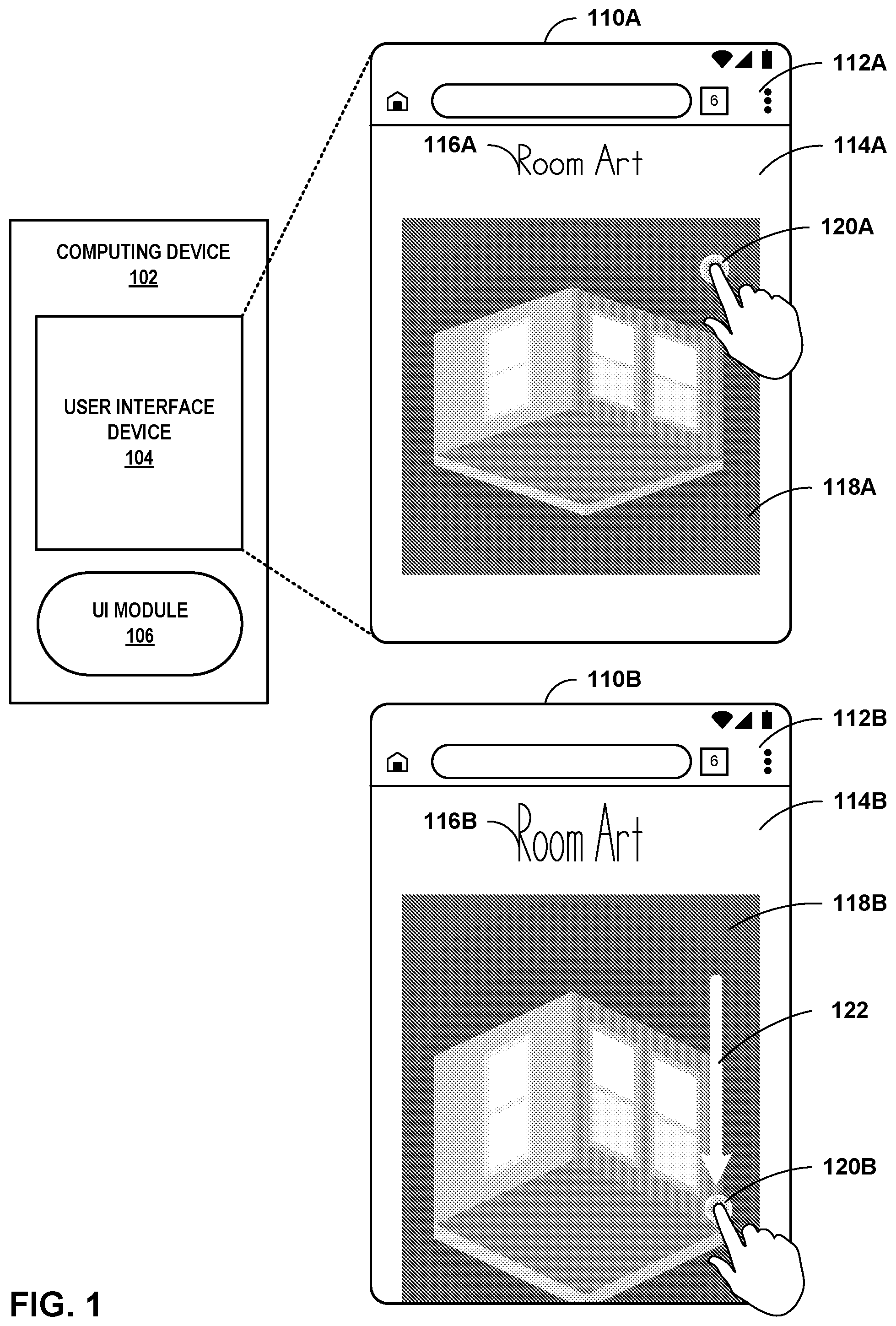 Patent US12366954 Figure 1 – Stretching content to indicate scrolling beyond the end of the content
