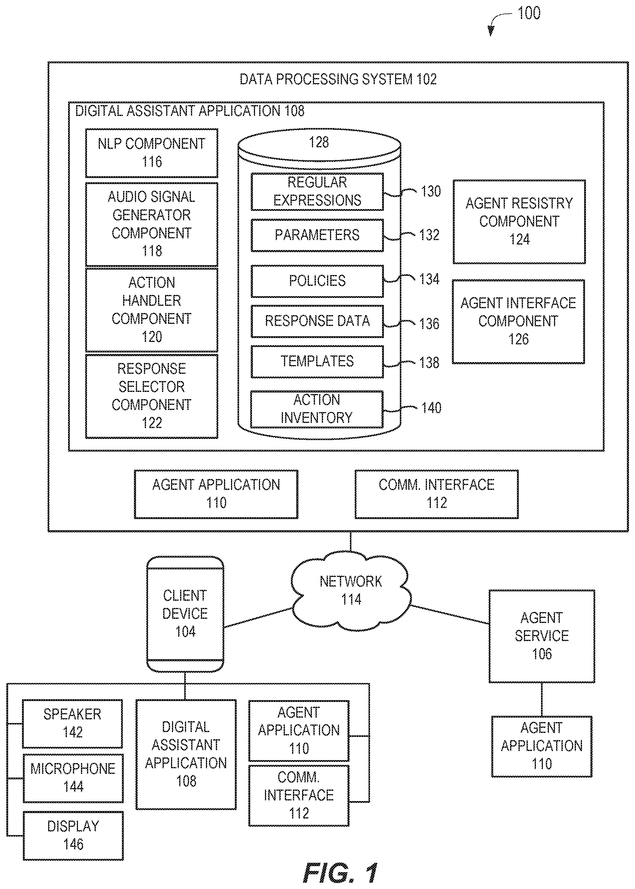 Patent US12367066 Figure 1 – Invoking functions of agents via digital assistant applications using address templates