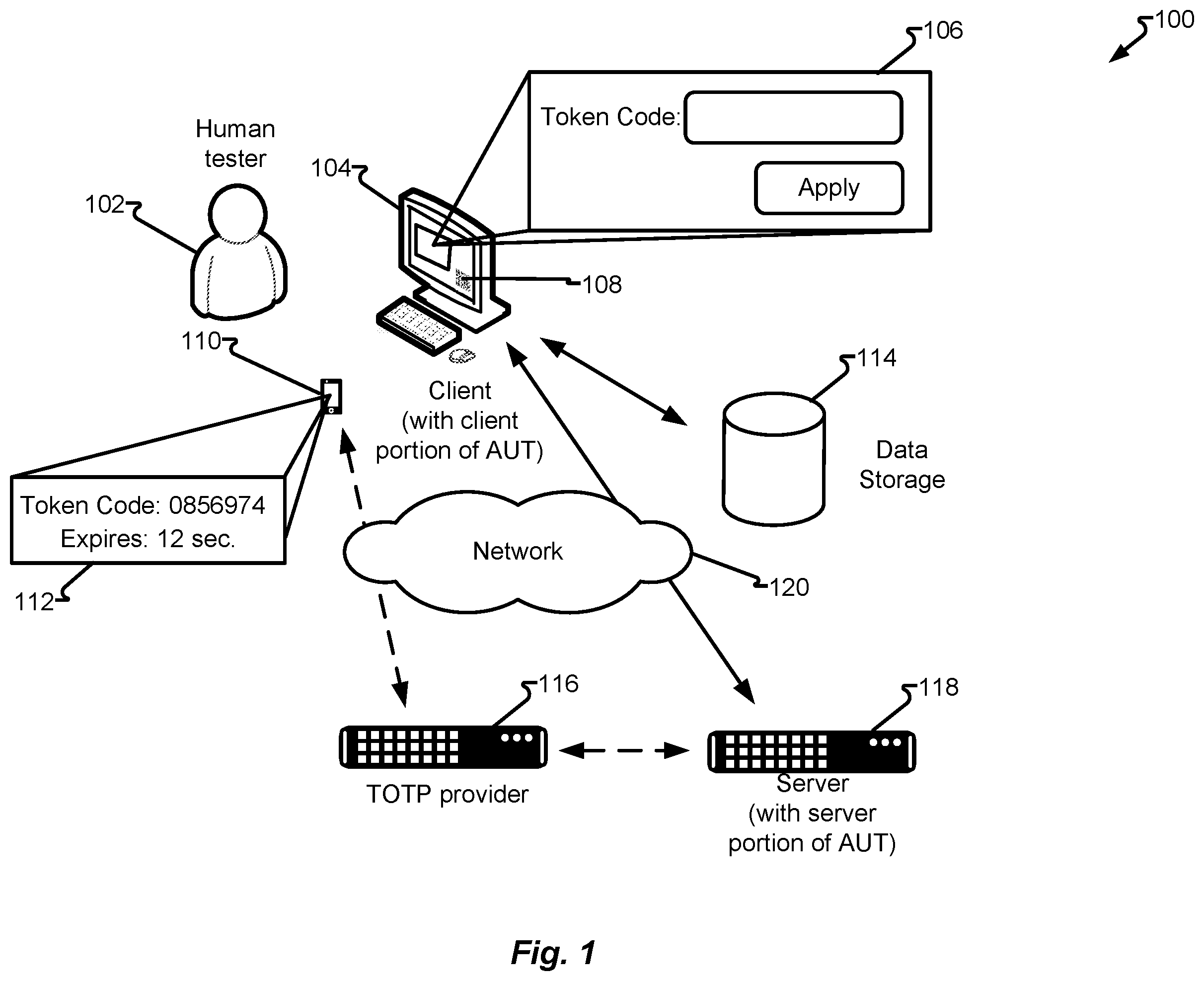 Patent US12367129 Figure 1 – Automated testing of user interfaces requiring a time-based one-time password (TOTP)