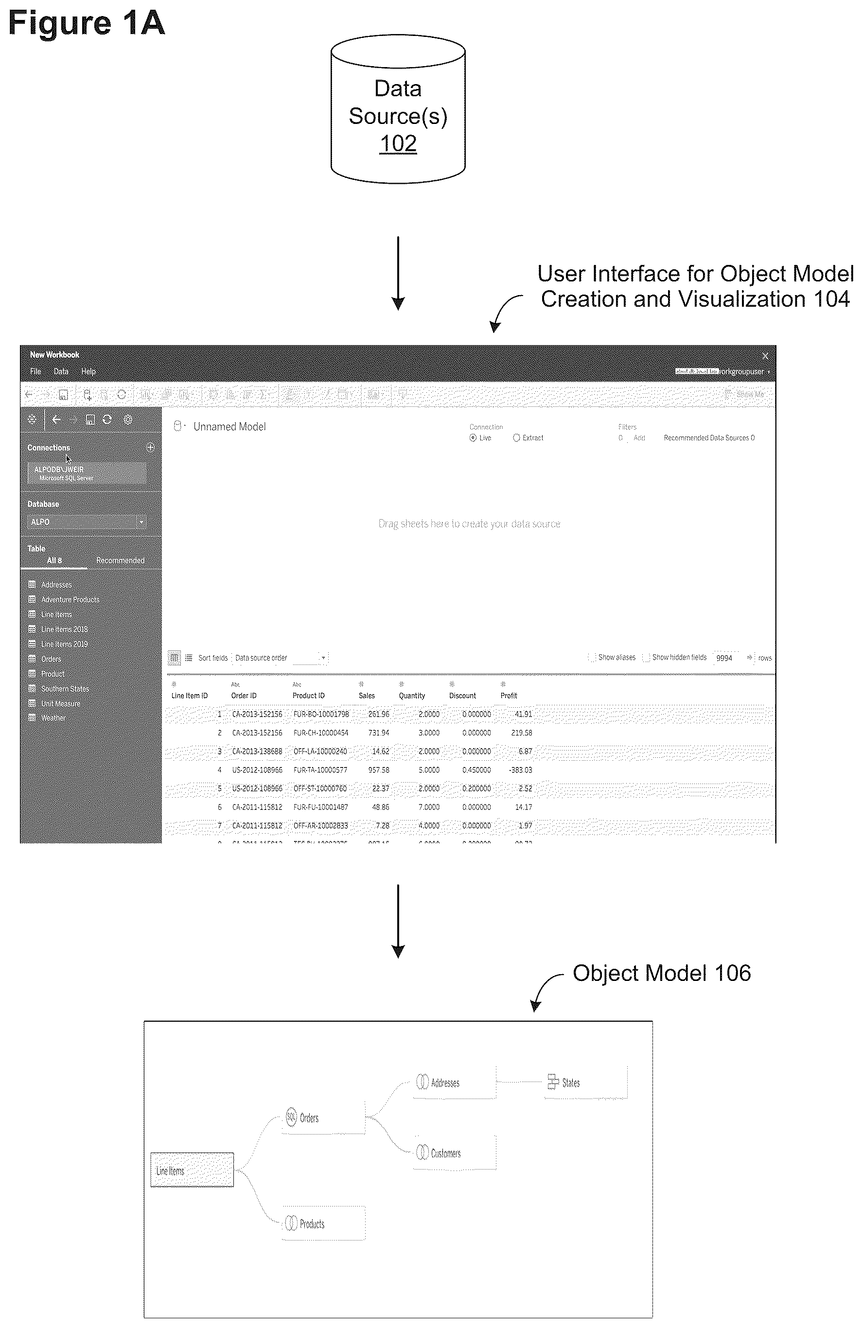 Patent US12367222 Figure 1 – Using visual cues to validate object models of database tables