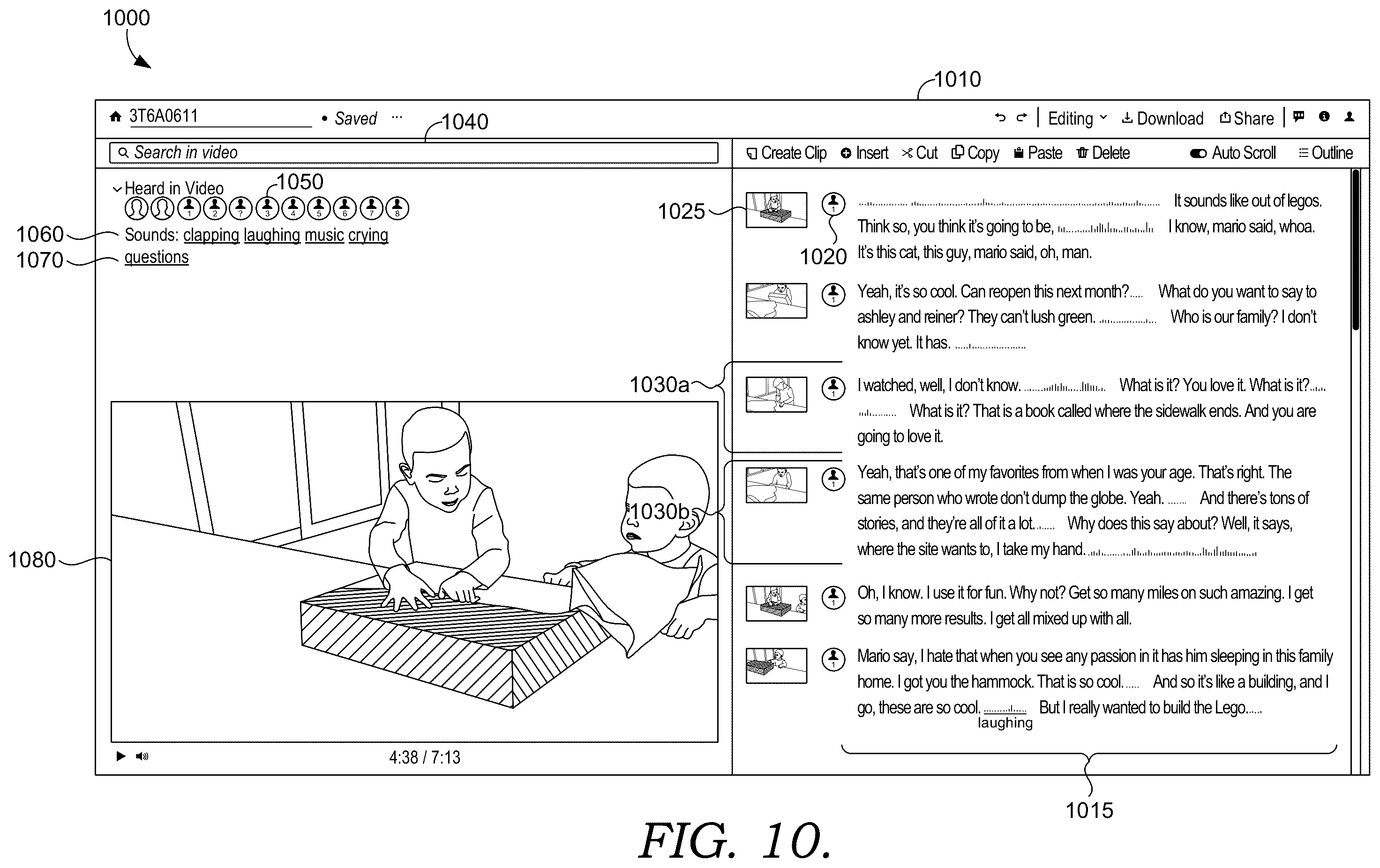 Patent US12367238 Figure 13 – Visual and text search interface for text-based video editing