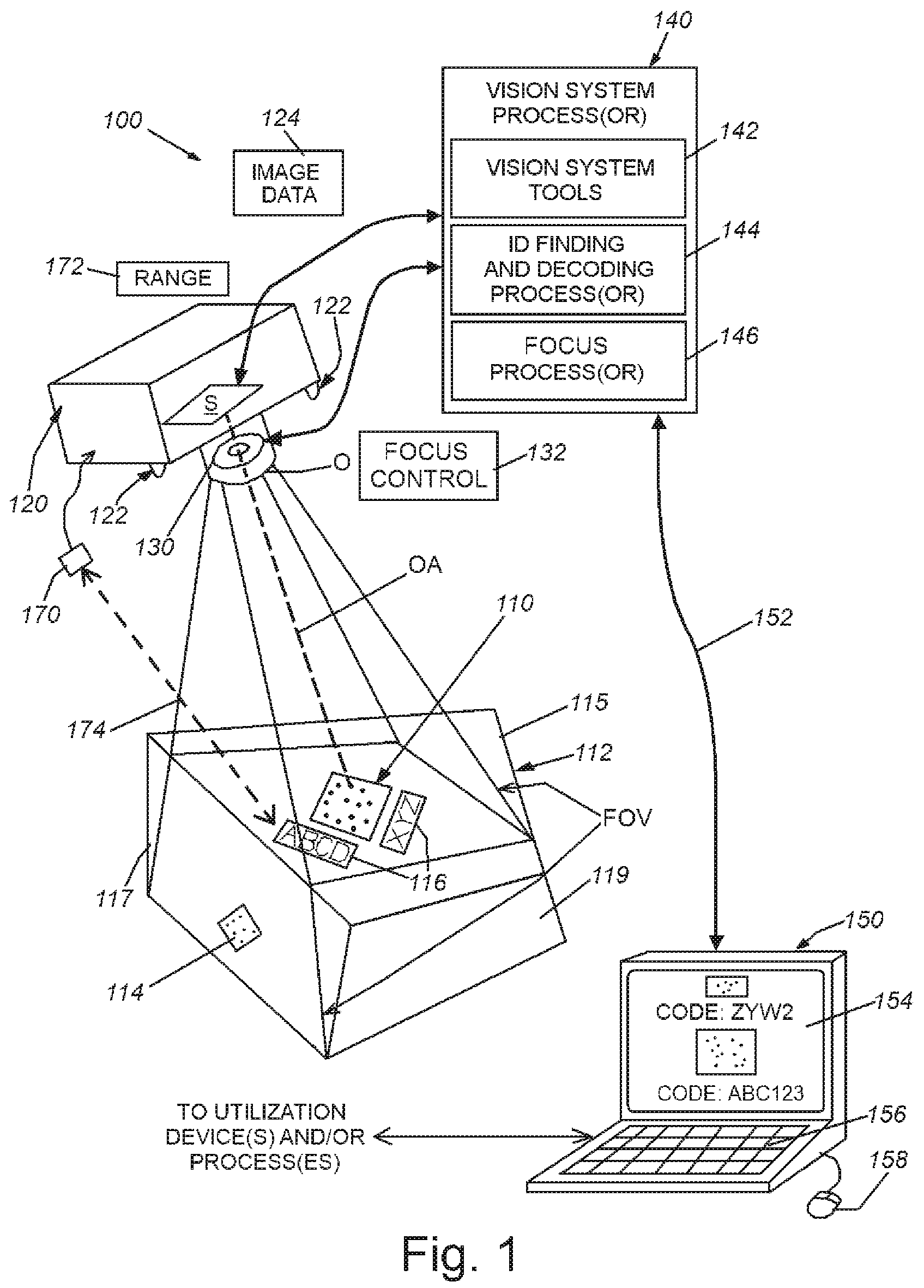 Patent US12367361 — System and method for auto-focusing a vision system camera on barcodes — Figure 1