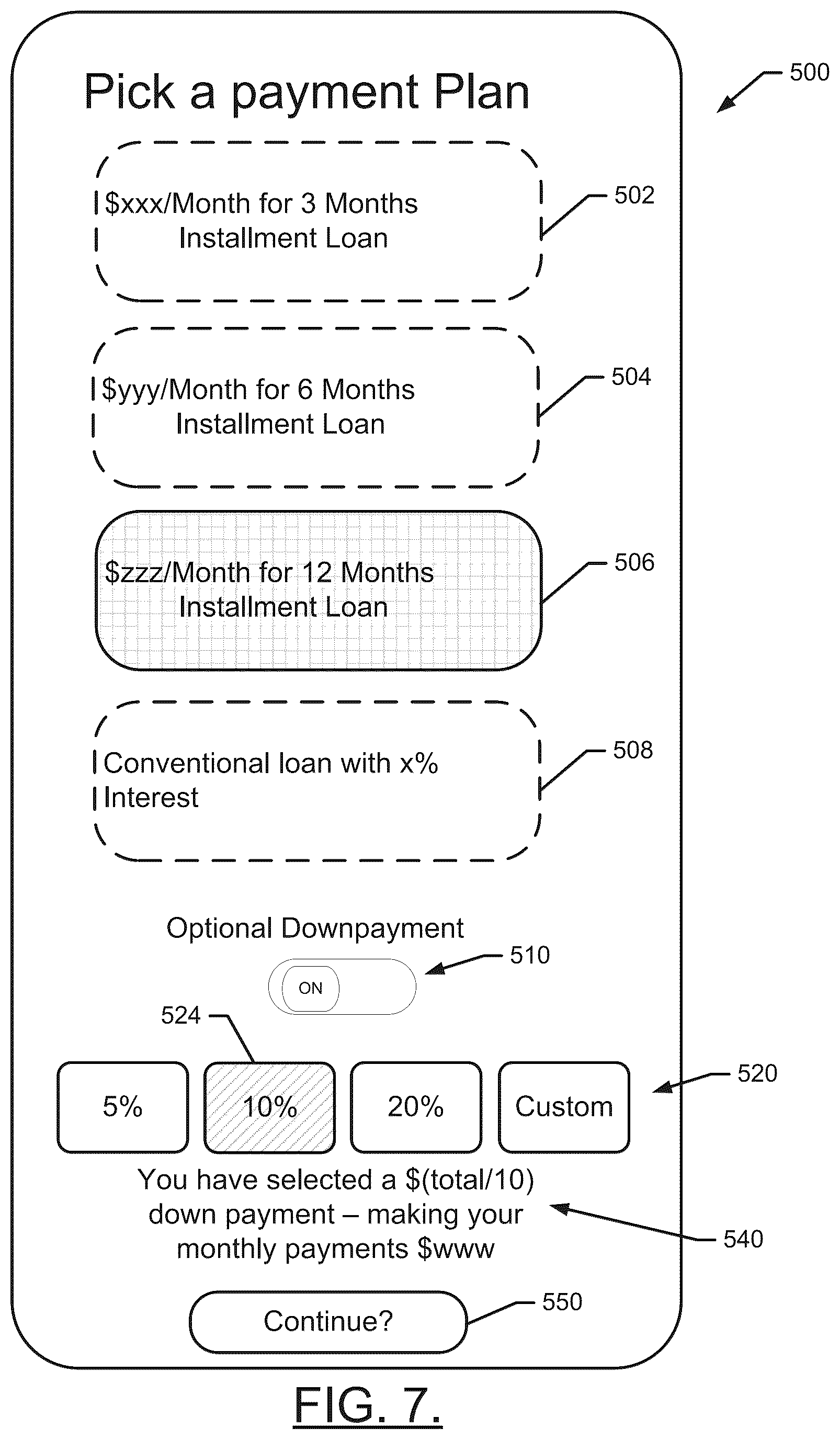 Patent US12367474 Figure 7 – System, method and apparatus for providing voluntary down payments for online purchases based on credit