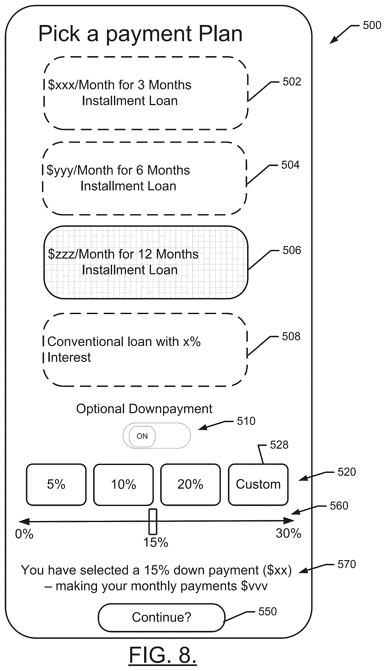 Patent US12367474 Figure 8 – System, method and apparatus for providing voluntary down payments for online purchases based on credit