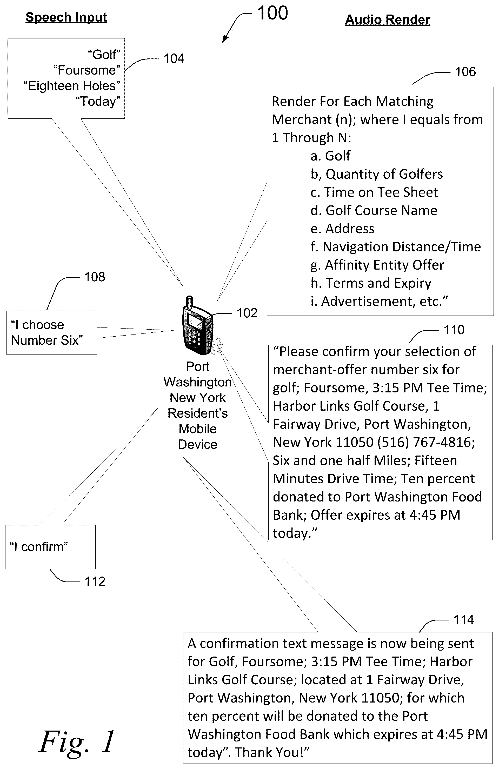 Patent US12367479 Figure 1 – Voice ordered merchant donation