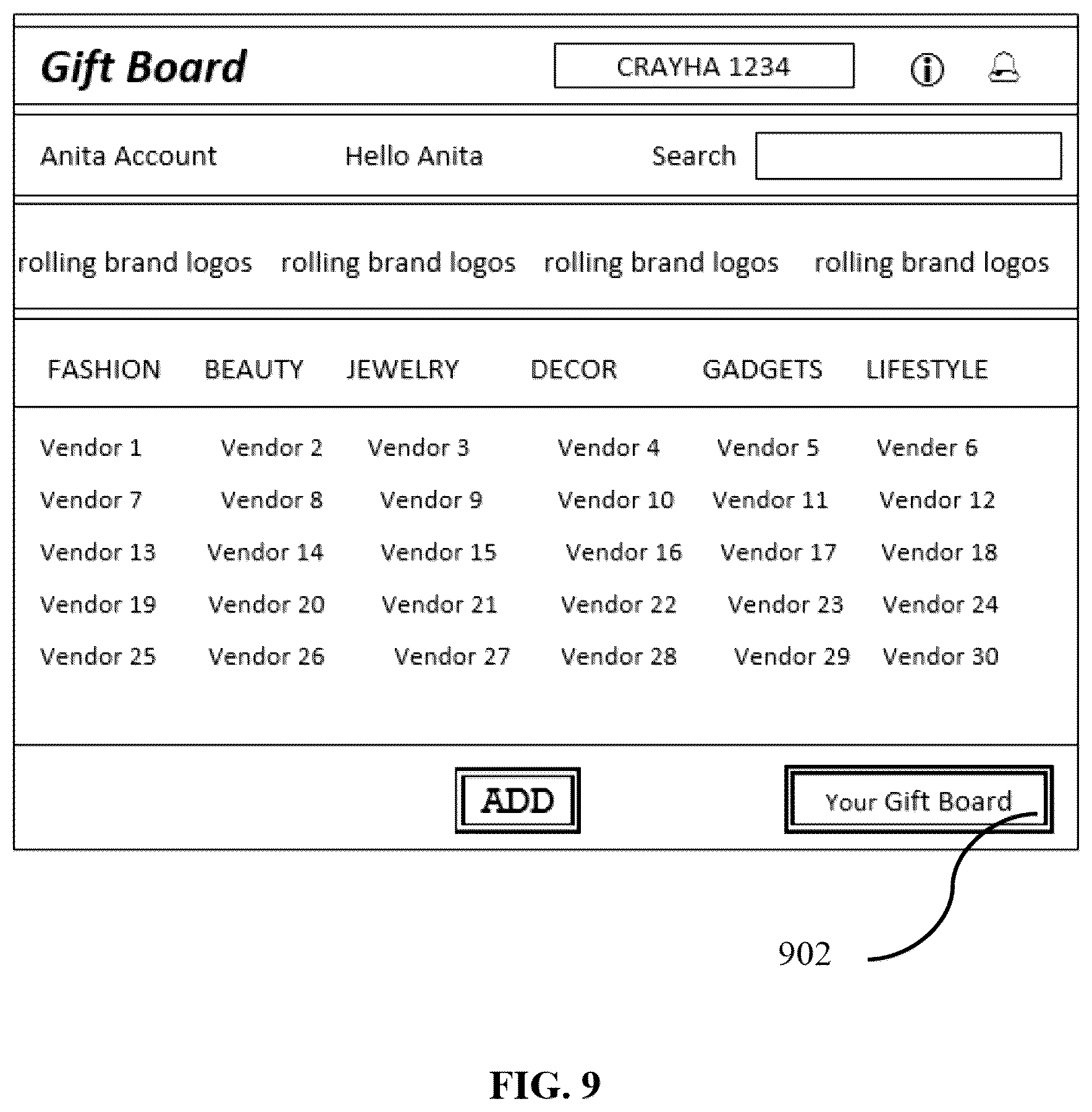 Patent US12367522 Figure 9 – Gift transaction system and method for creating a custom-made digital mall of gifts