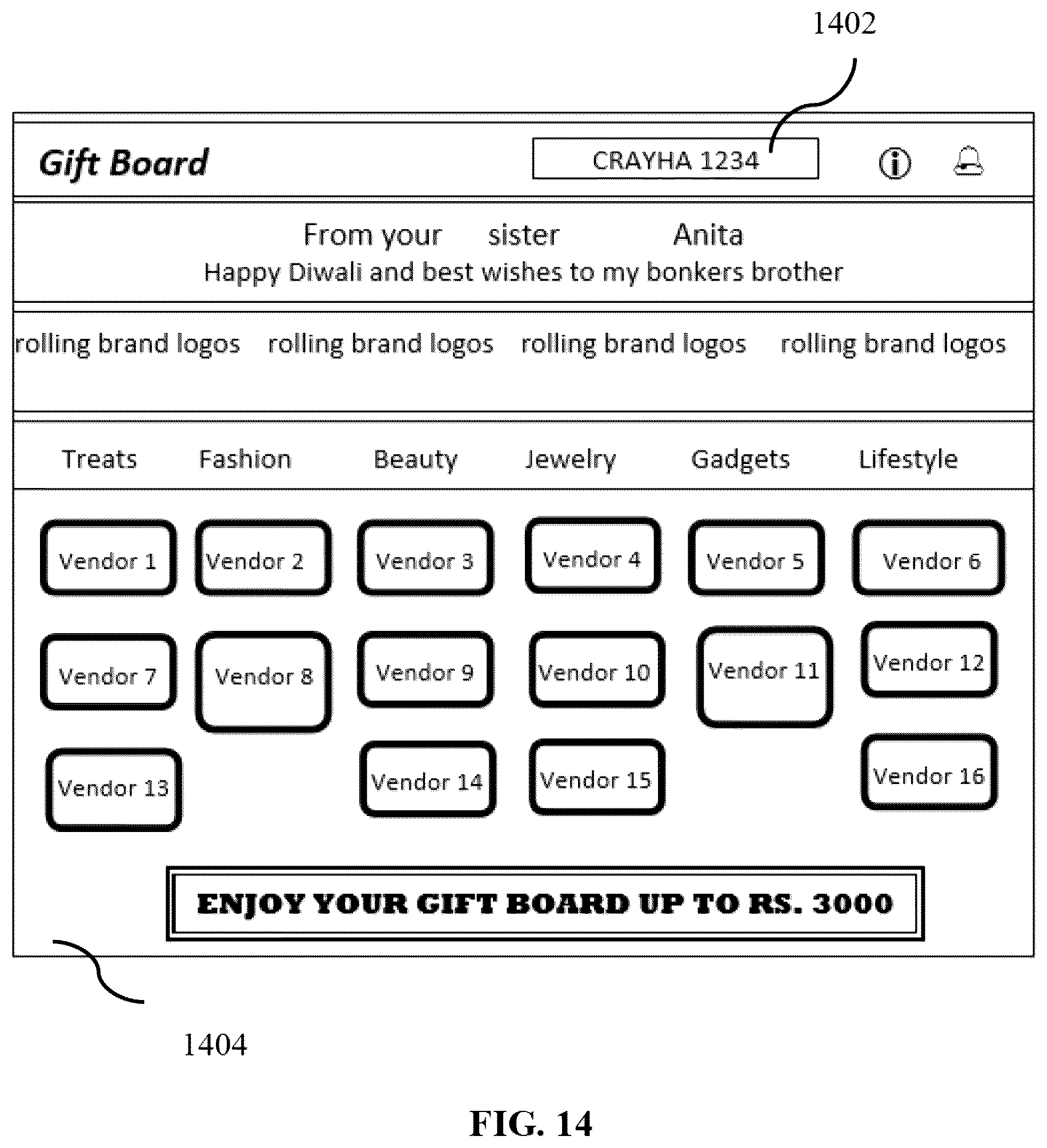 Patent US12367522 Figure 14 – Gift transaction system and method for creating a custom-made digital mall of gifts