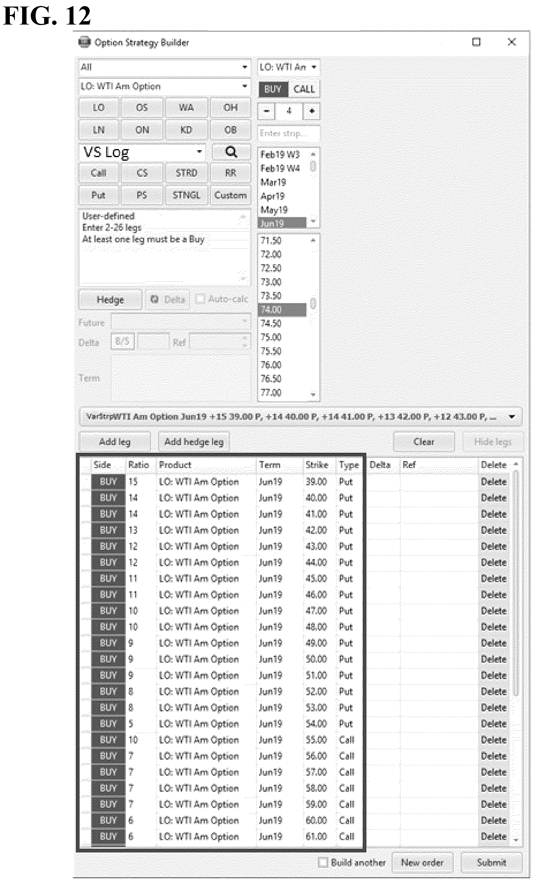 Patent US12367526 Figure 12 – Single action replication of complex financial instrument using options strip and user interface therefore
