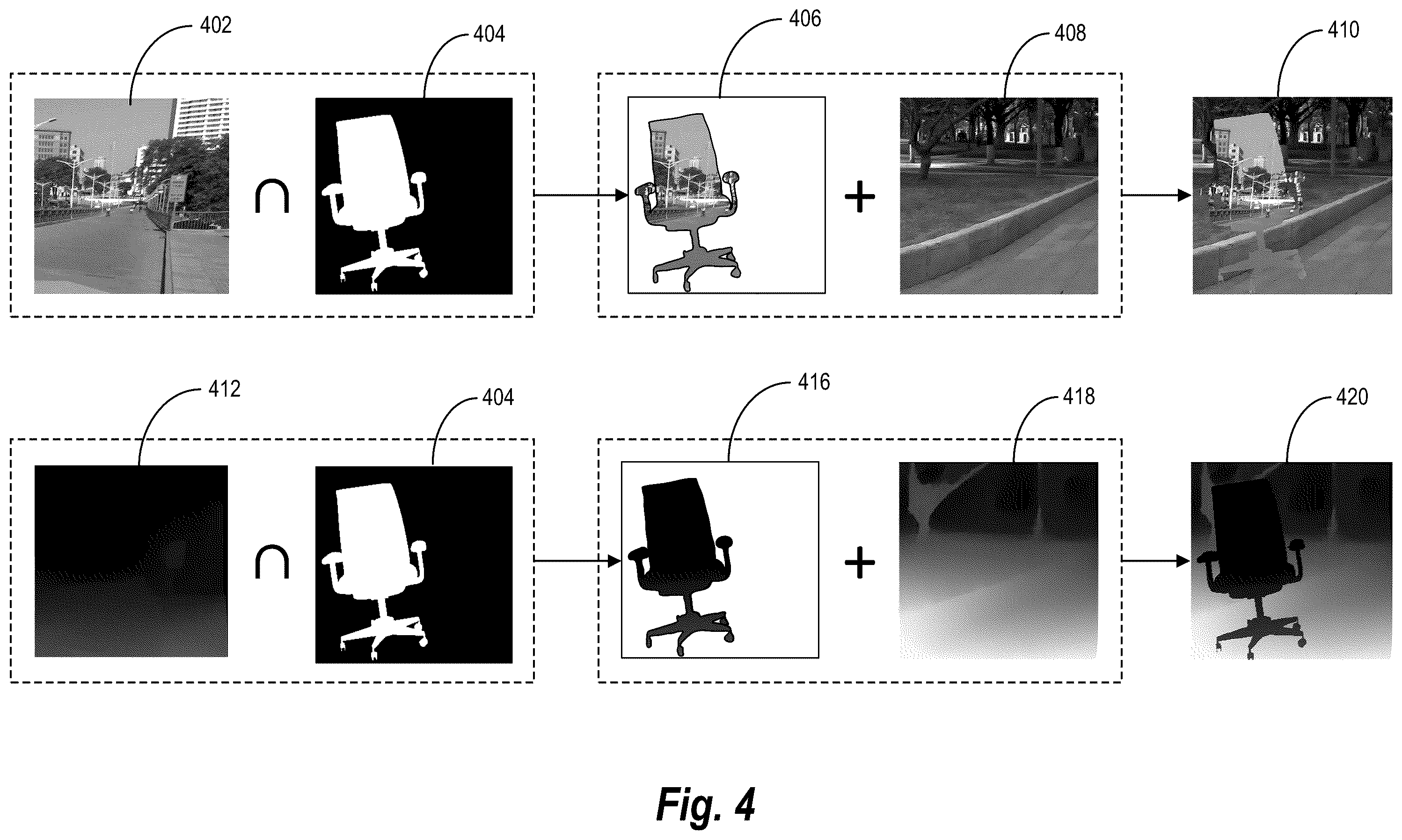 Patent US12367585 Figure 4 – Utilizing machine learning models to generate refined depth maps with segmentation mask guidance